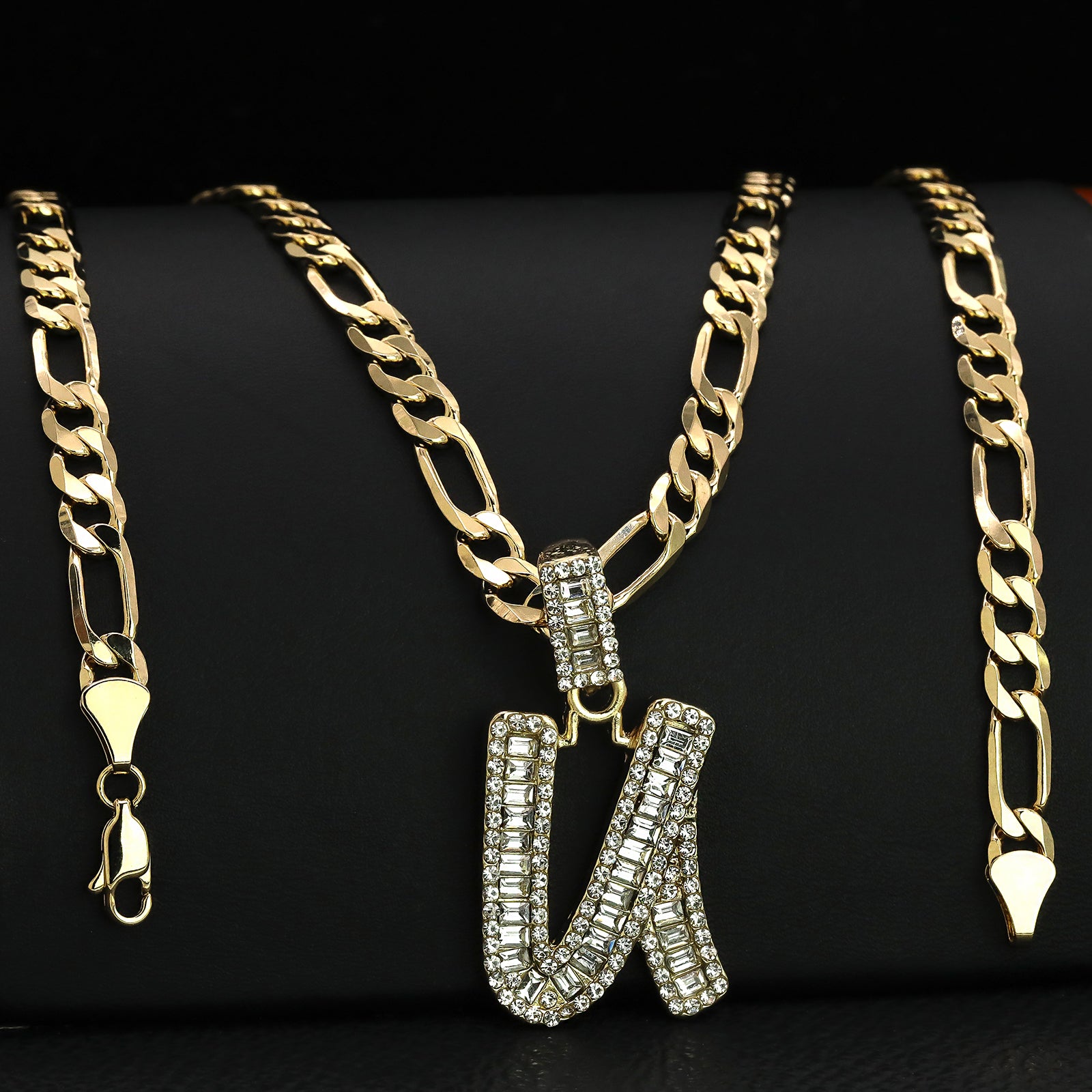 Initial Alphabet Letter Lab Baguette Cz Diamond Cut Pendant 4mm 20" FIGARO CHAIN Hip Hop Necklace
