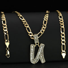 Initial Alphabet Letter Lab Baguette Cz Diamond Cut Pendant 4mm 20" FIGARO CHAIN Hip Hop Necklace