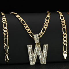 Initial Alphabet Letter Lab Baguette Cz Diamond Cut Pendant 4mm 20" FIGARO CHAIN Hip Hop Necklace