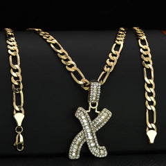 Initial Alphabet Letter Lab Baguette Cz Diamond Cut Pendant 4mm 20" FIGARO CHAIN Hip Hop Necklace