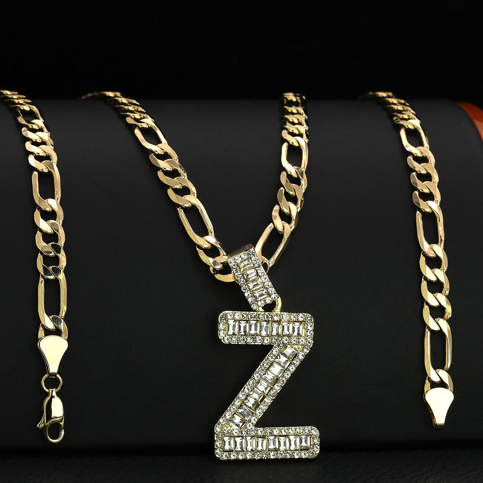 Initial Alphabet Baguette Letter Lab Diamond Cut Pendant 20"Figaro Chain Hip Hop Necklace