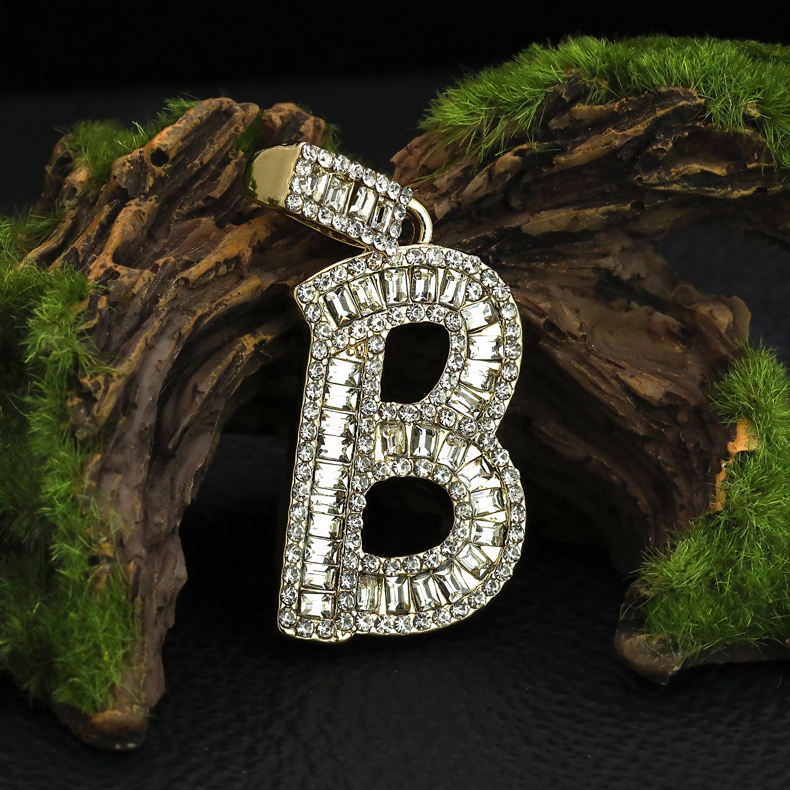 Initial Alphabet Baguette Letter Lab Diamond Cut Pendant 20"Figaro Chain Hip Hop Necklace