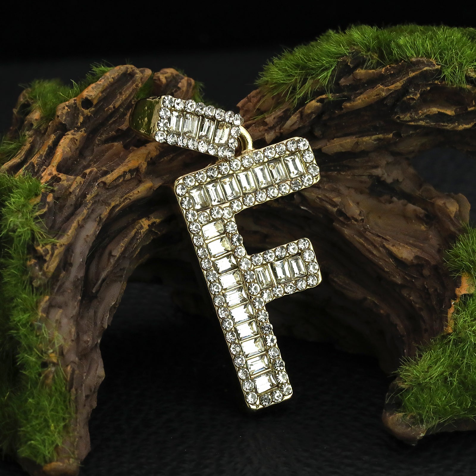 Initial Alphabet Baguette Letter Lab Diamond Cut Pendant 20"Figaro Chain Hip Hop Necklace