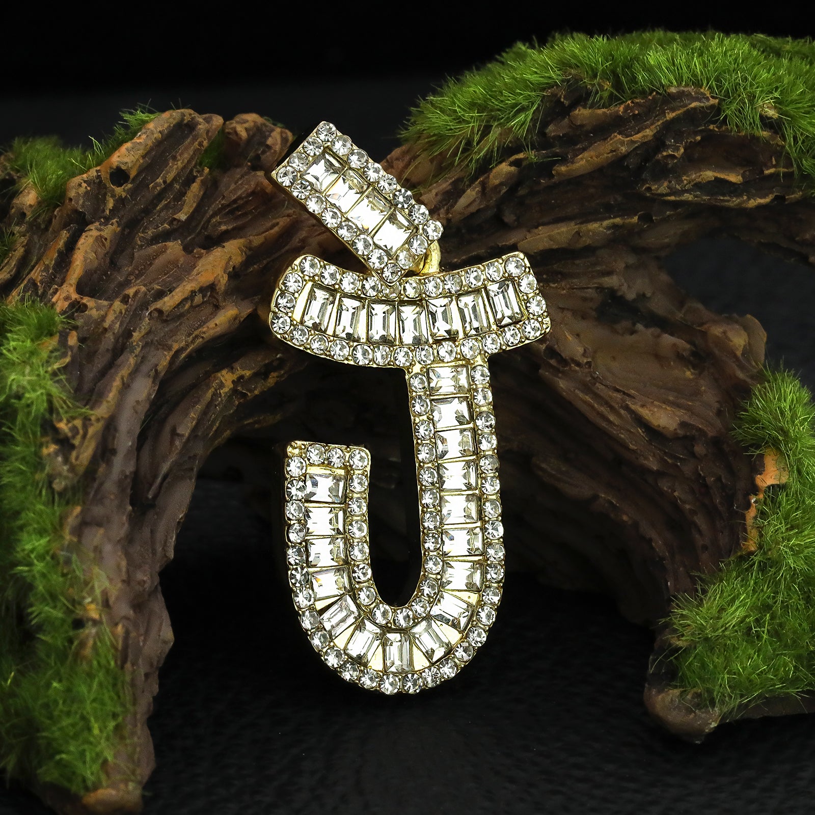 Initial Alphabet Baguette Letter Lab Diamond Cut Pendant 20"Figaro Chain Hip Hop Necklace