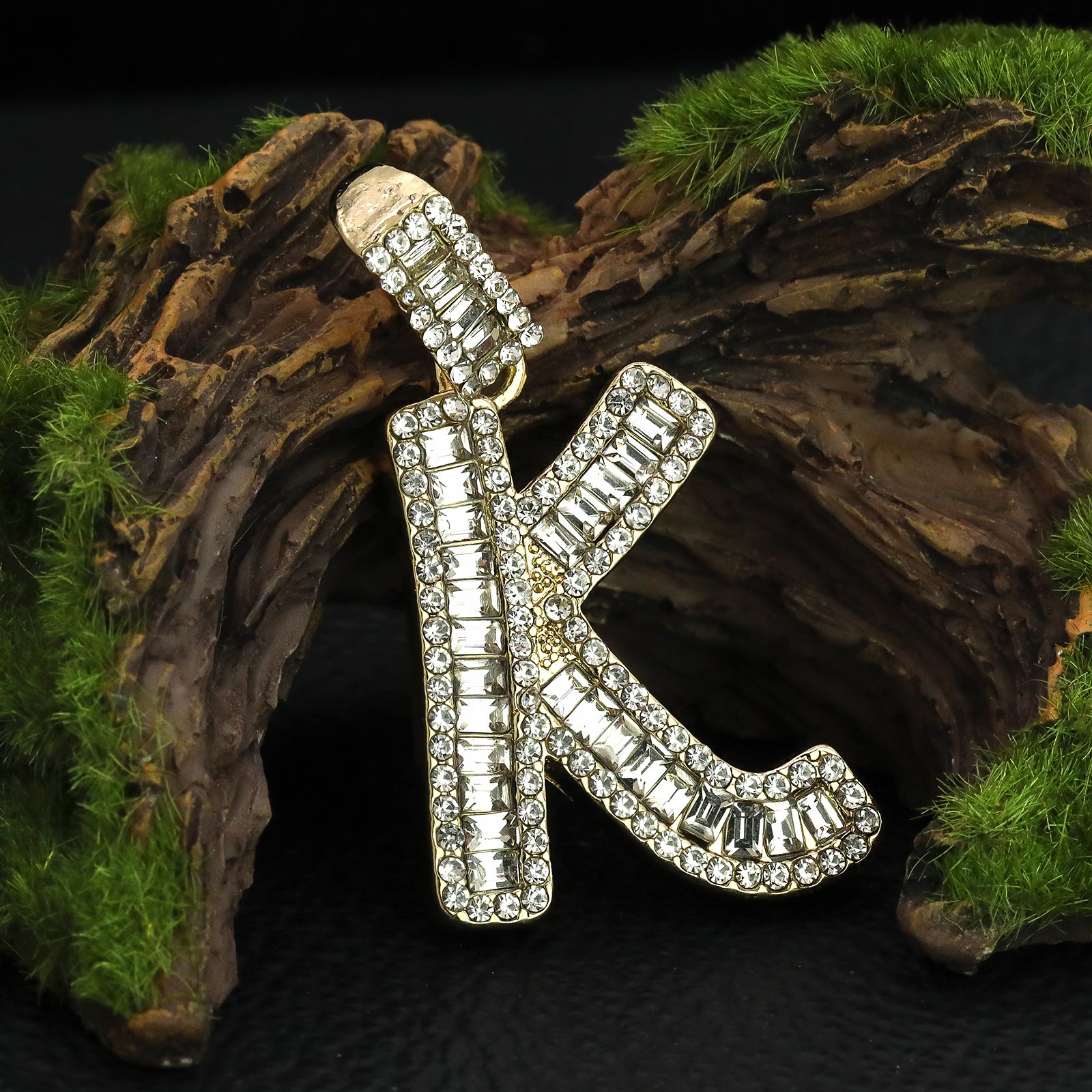Initial Alphabet Baguette Letter Lab Diamond Cut Pendant 20"Figaro Chain Hip Hop Necklace
