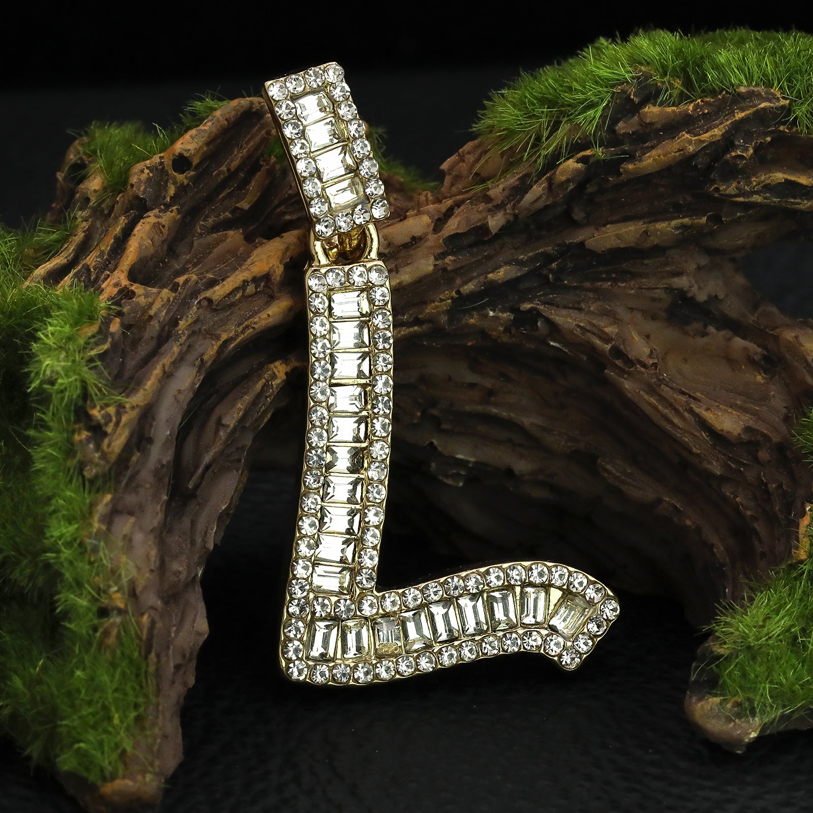 Initial Alphabet Baguette Letter Lab Diamond Cut Pendant 20"Figaro Chain Hip Hop Necklace
