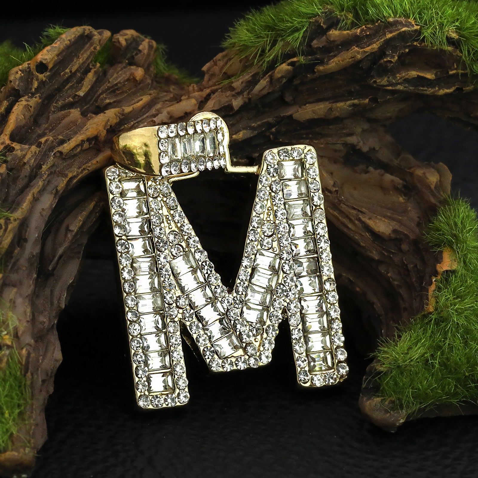 Initial Alphabet Baguette Letter Lab Diamond Cut Pendant 20"Figaro Chain Hip Hop Necklace