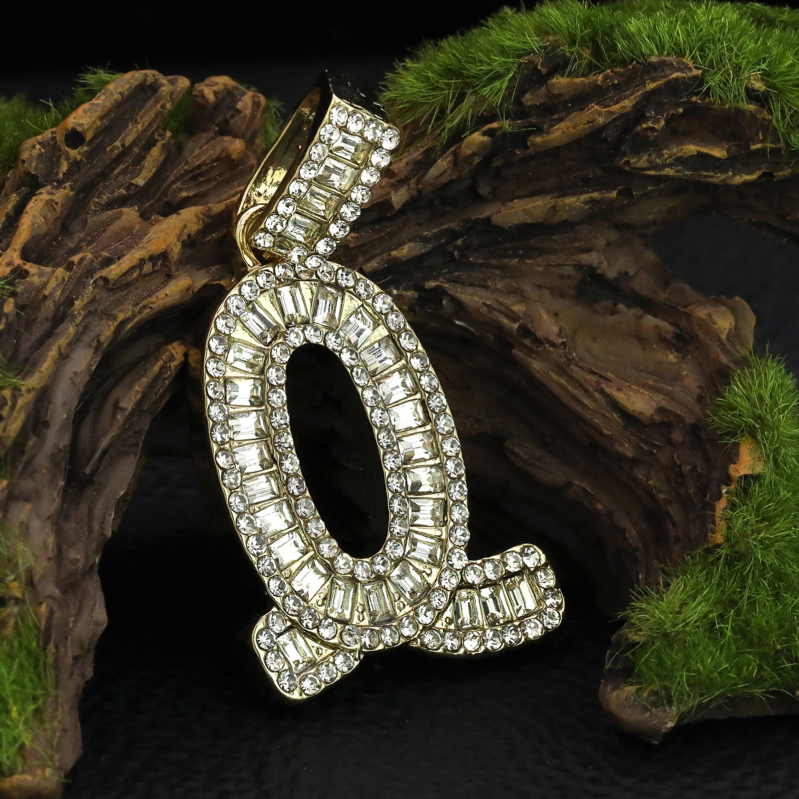 Initial Alphabet Baguette Letter Lab Diamond Cut Pendant 20"Figaro Chain Hip Hop Necklace