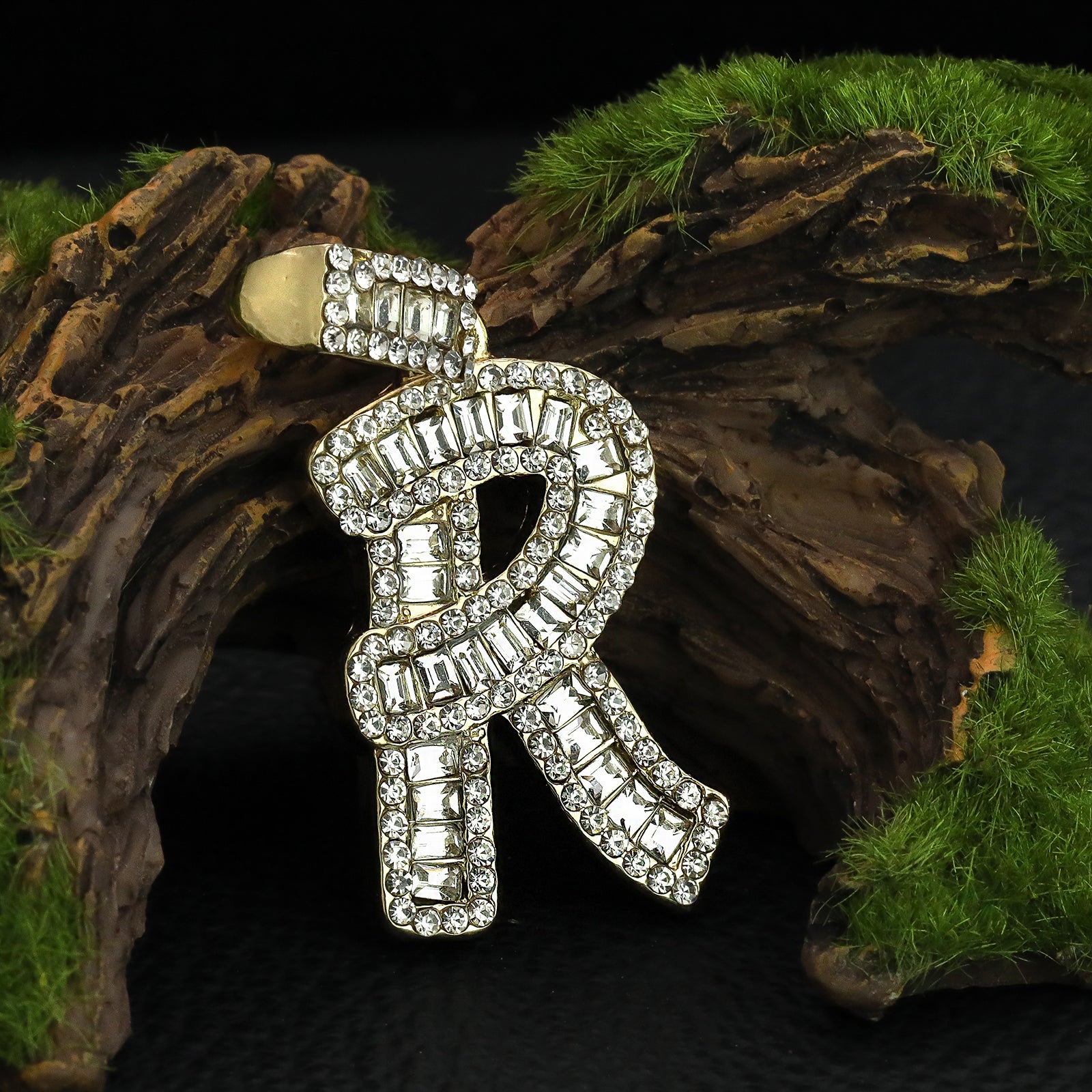 Initial Alphabet Baguette Letter Lab Diamond Cut Pendant 20"Figaro Chain Hip Hop Necklace