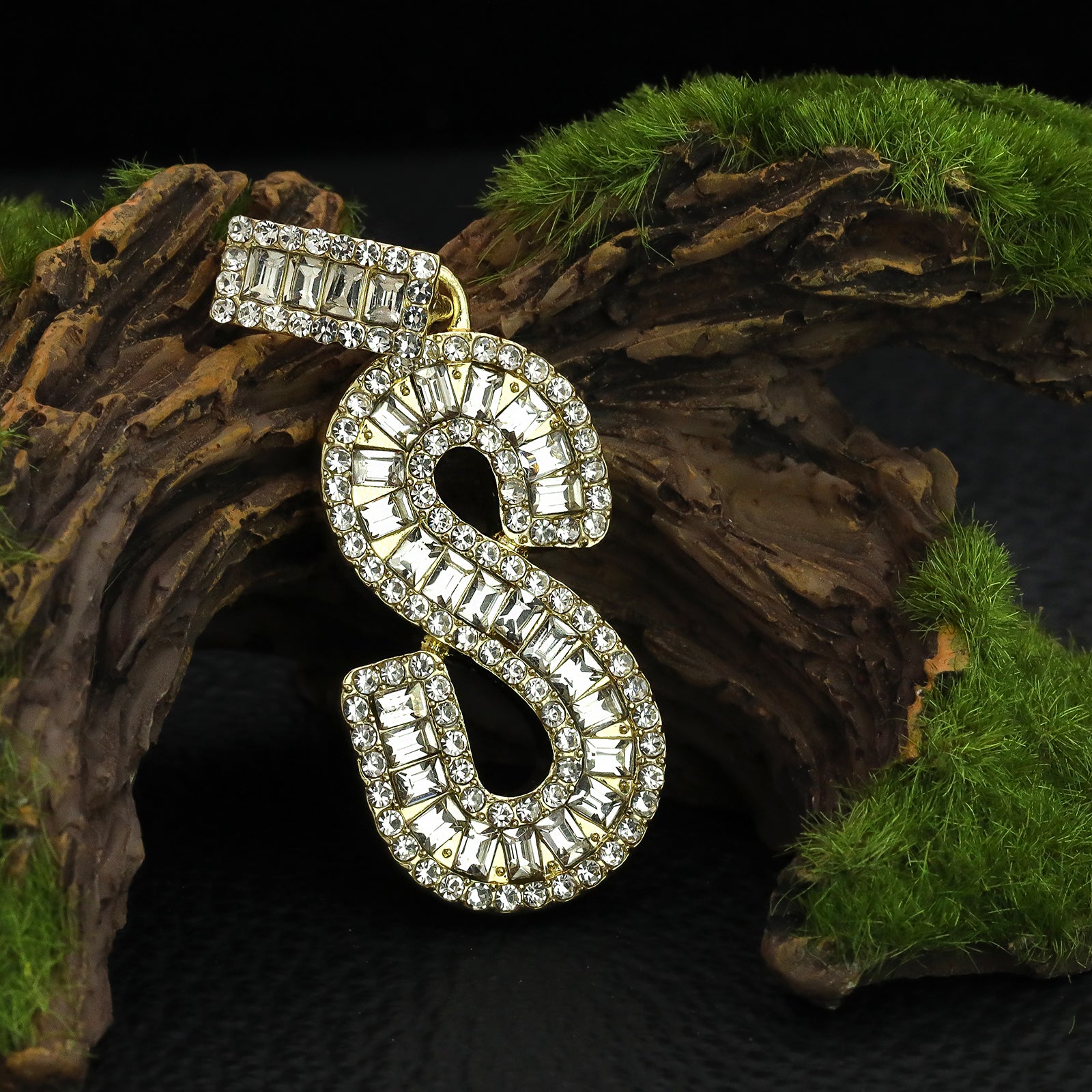 Initial Alphabet Baguette Letter Lab Diamond Cut Pendant 20"Figaro Chain Hip Hop Necklace