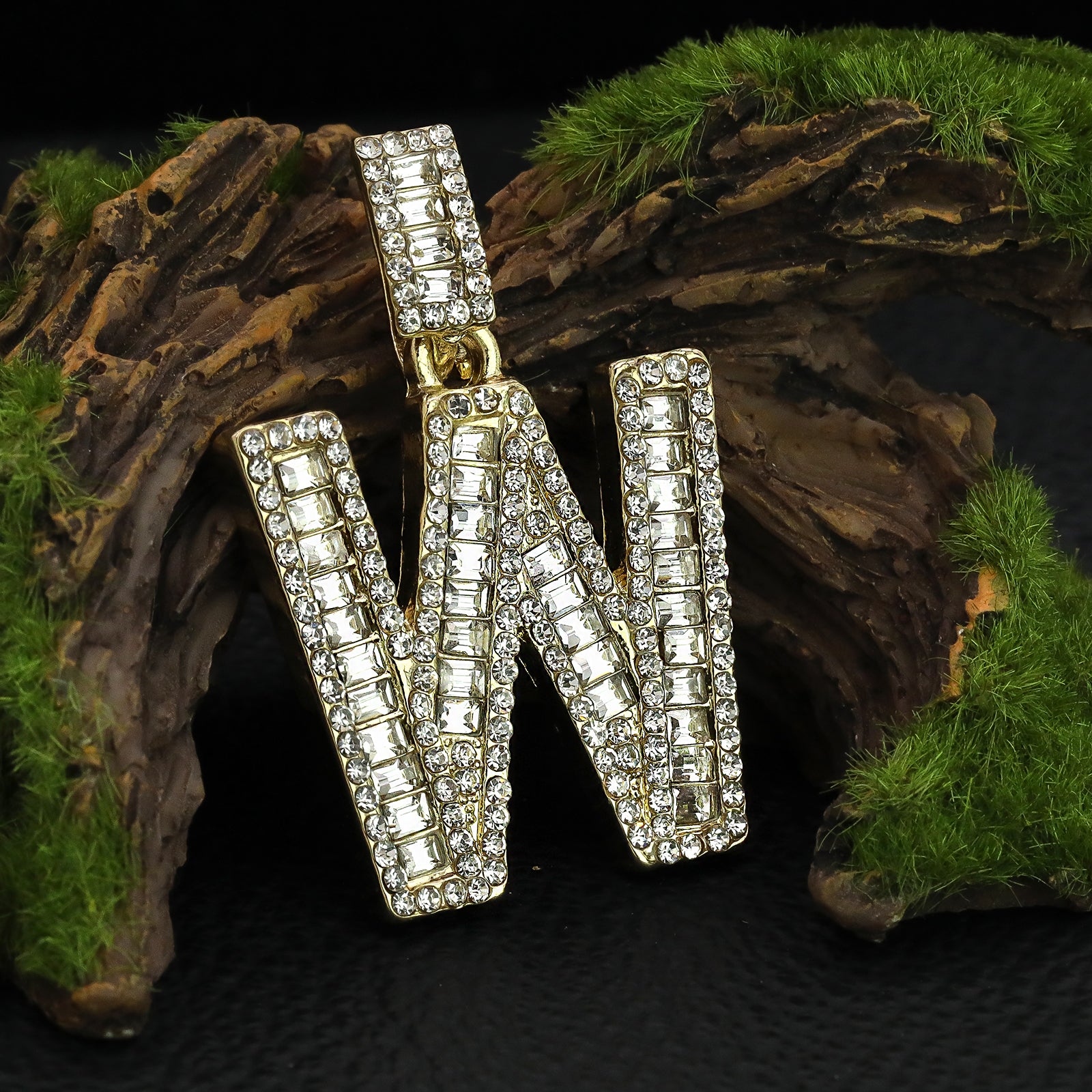 Initial Alphabet Baguette Letter Lab Diamond Cut Pendant 20"Figaro Chain Hip Hop Necklace