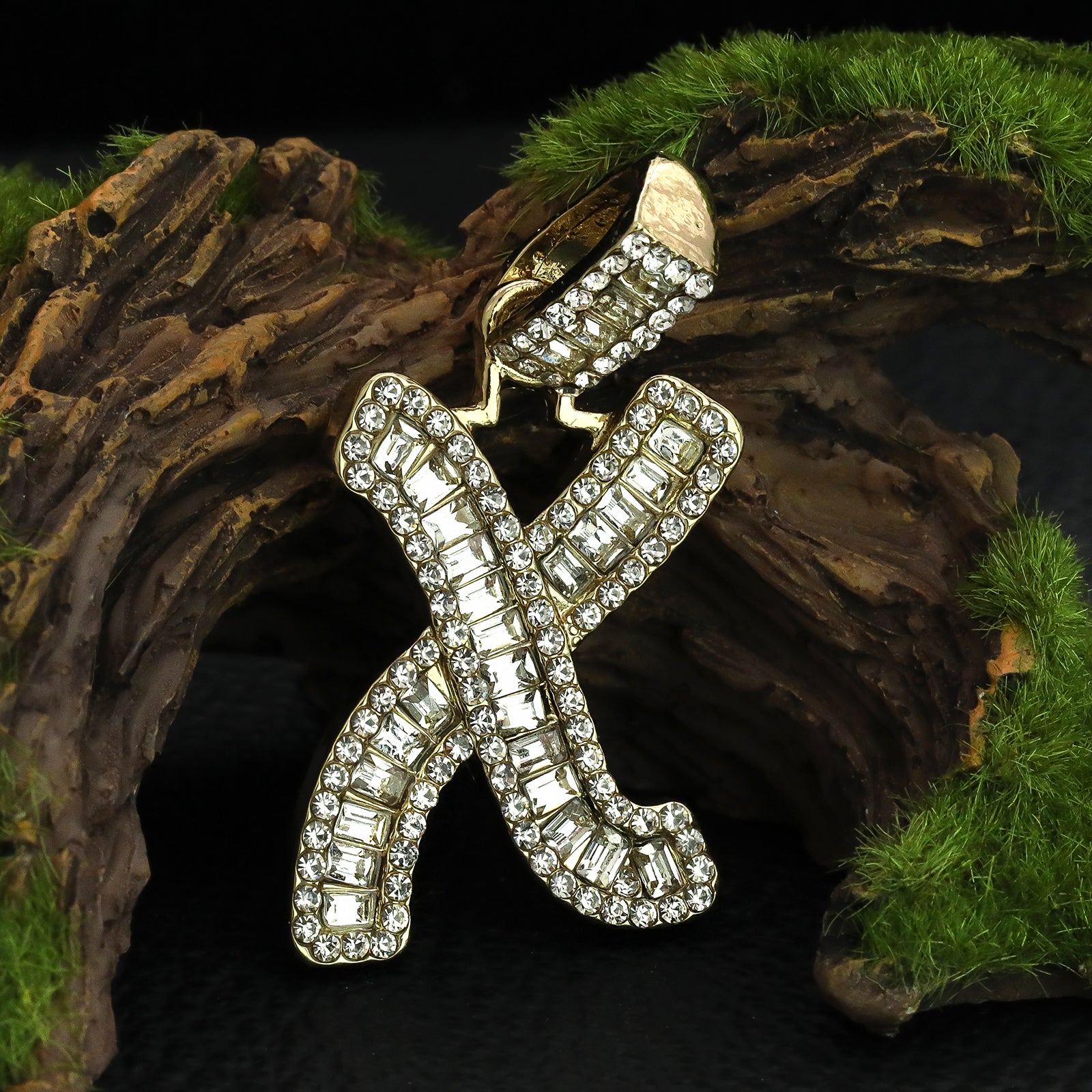 Initial Alphabet Baguette Letter Lab Diamond Cut Pendant 20"Figaro Chain Hip Hop Necklace