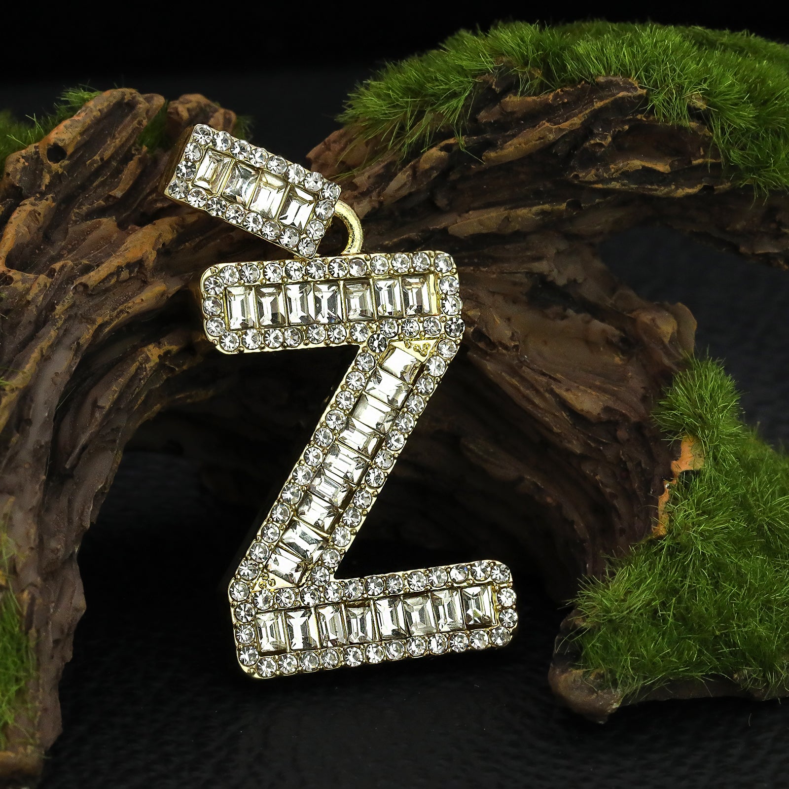 Initial Alphabet Baguette Letter Lab Diamond Cut Pendant 20"Figaro Chain Hip Hop Necklace