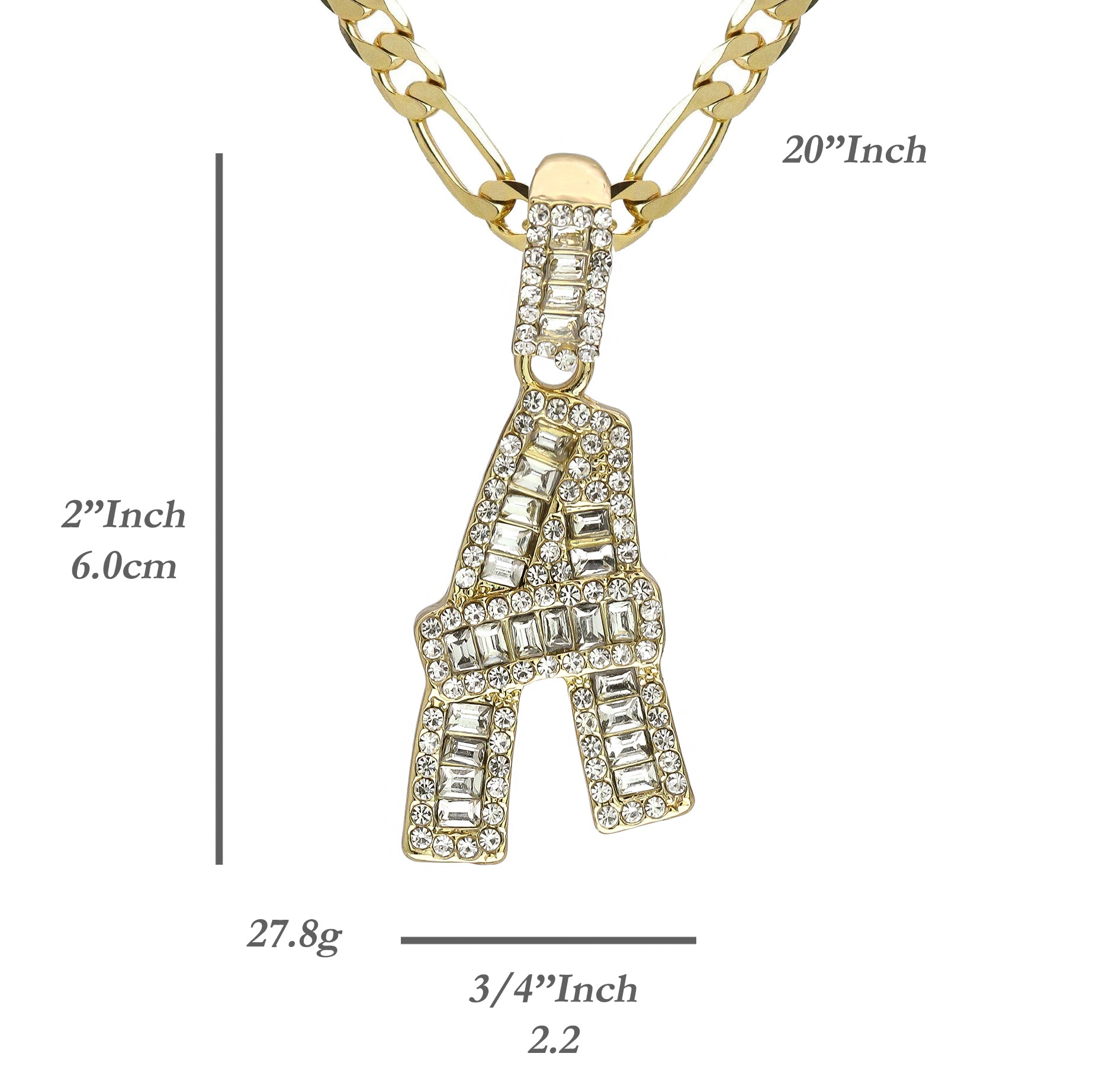 Initial Alphabet Baguette Letter Lab Diamond Cut Pendant 20"Figaro Chain Hip Hop Necklace