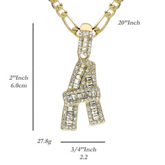 Initial Alphabet Letter Lab Baguette Cz Diamond Cut Pendant 4mm 20" FIGARO CHAIN Hip Hop Necklace