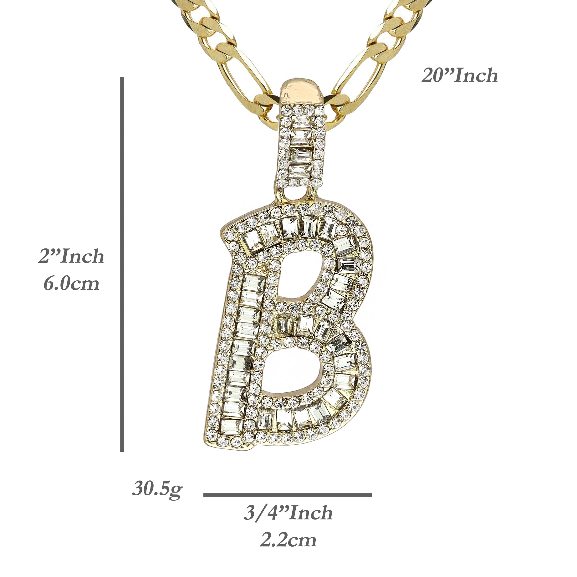 Initial Alphabet Baguette Letter Lab Diamond Cut Pendant 20"Figaro Chain Hip Hop Necklace