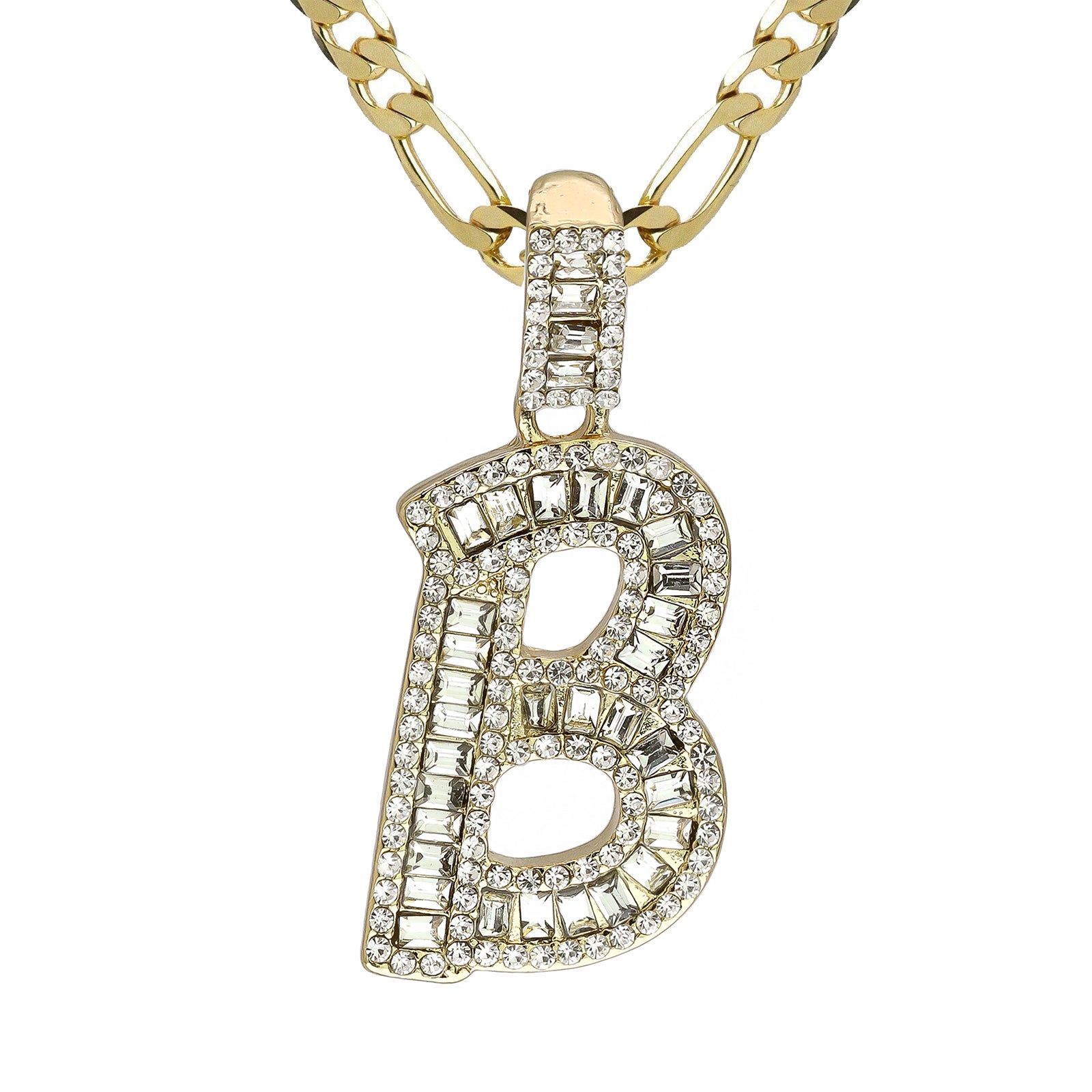 Initial Alphabet Baguette Letter Lab Diamond Cut Pendant 20"Figaro Chain Hip Hop Necklace