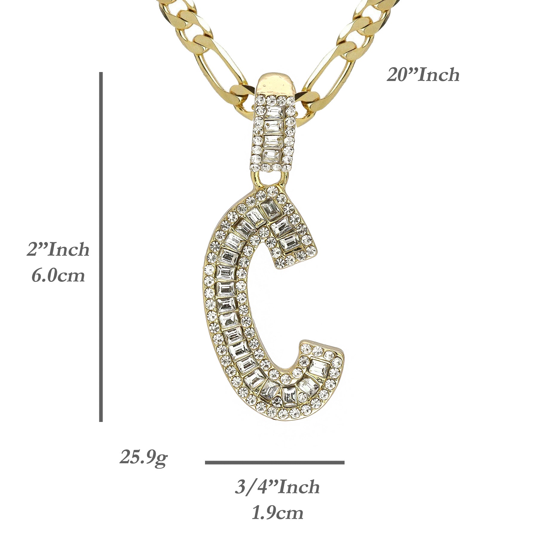 Initial Alphabet Baguette Letter Lab Diamond Cut Pendant 20"Figaro Chain Hip Hop Necklace