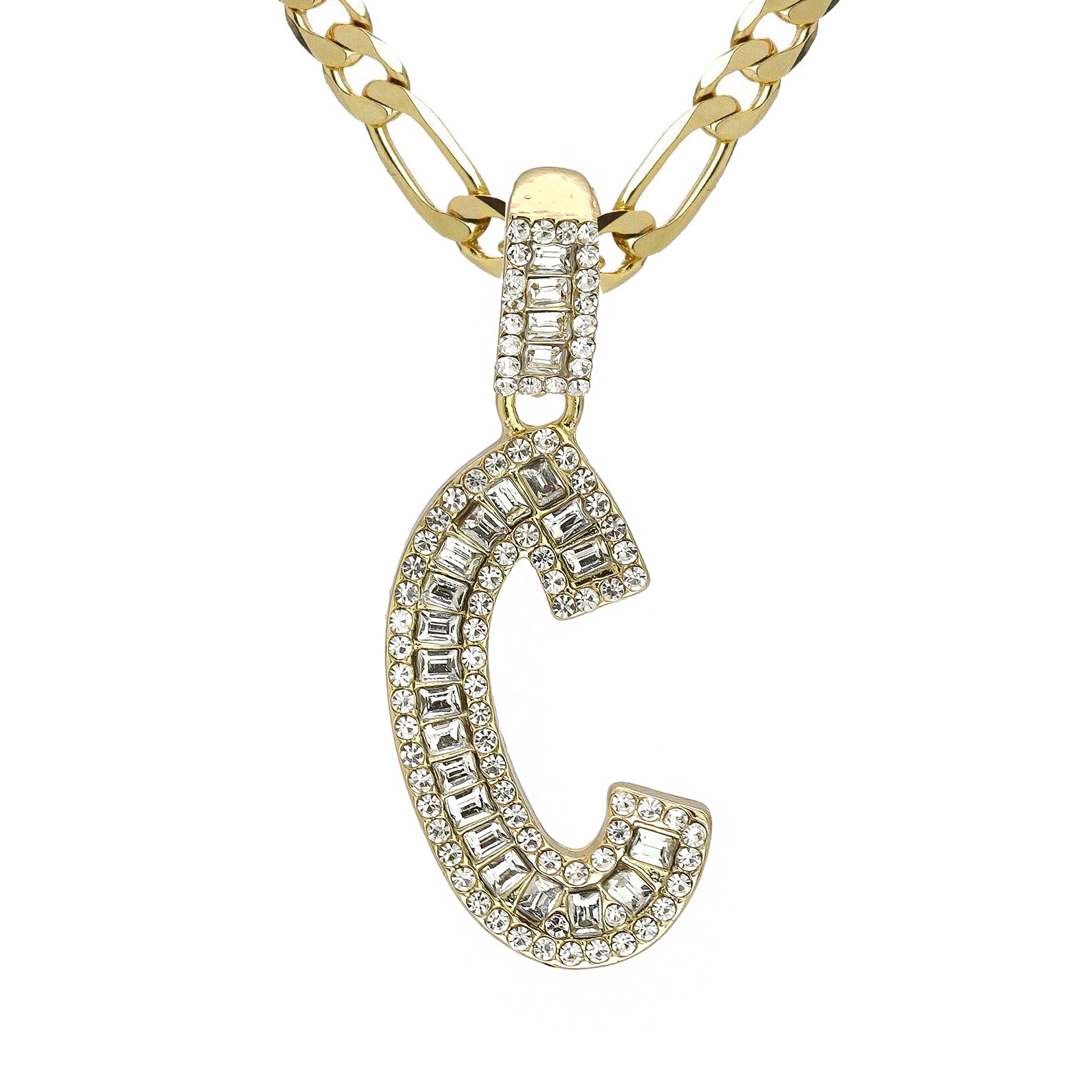 Initial Alphabet Baguette Letter Lab Diamond Cut Pendant 20"Figaro Chain Hip Hop Necklace