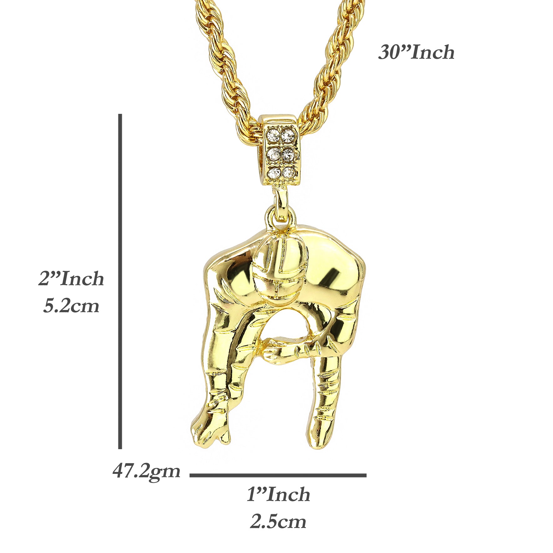 Football Quarterback Pendant 30" Rope Chain Hip Hop Style 18k Gold Plated