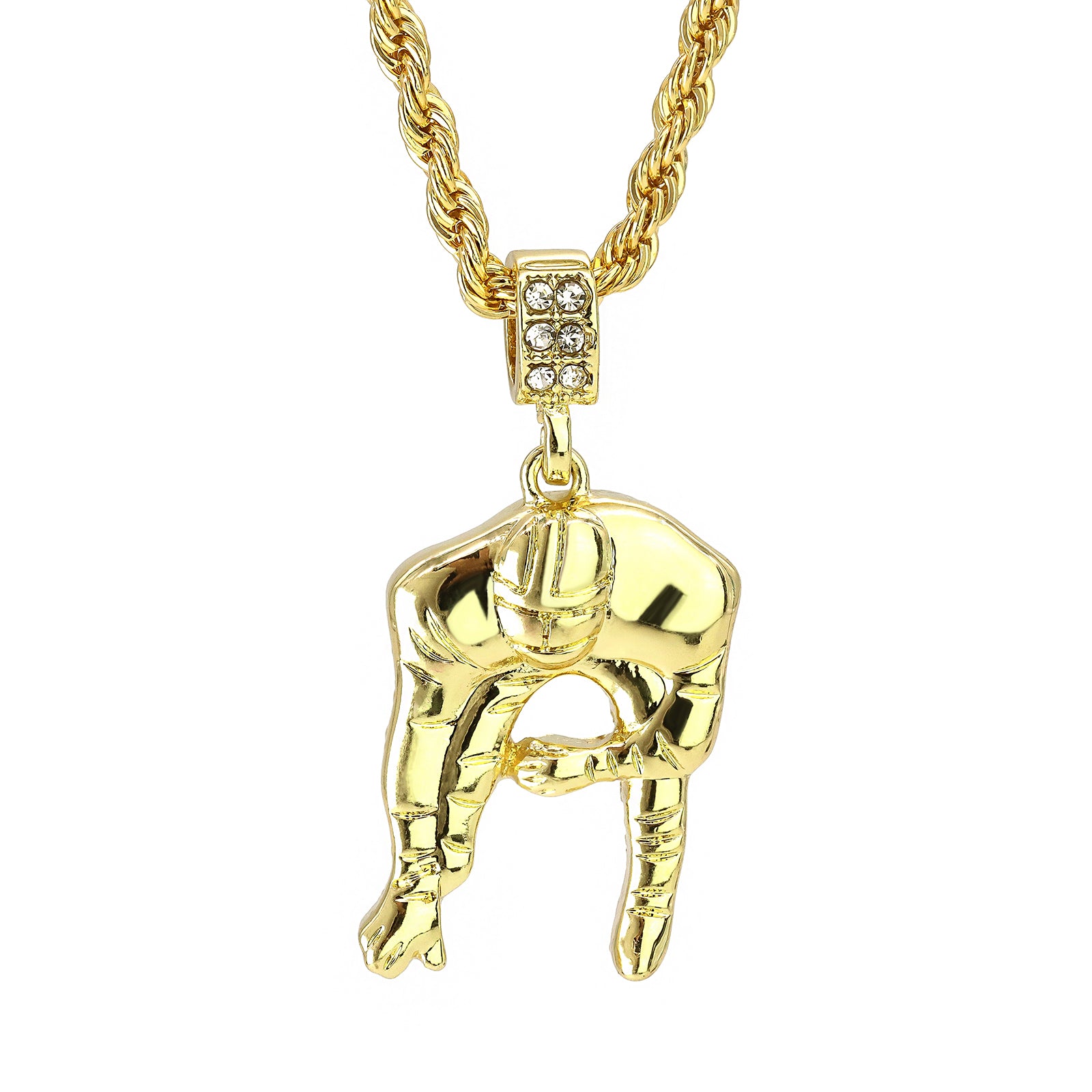 Football Quarterback Pendant 30" Rope Chain Hip Hop Style 18k Gold Plated