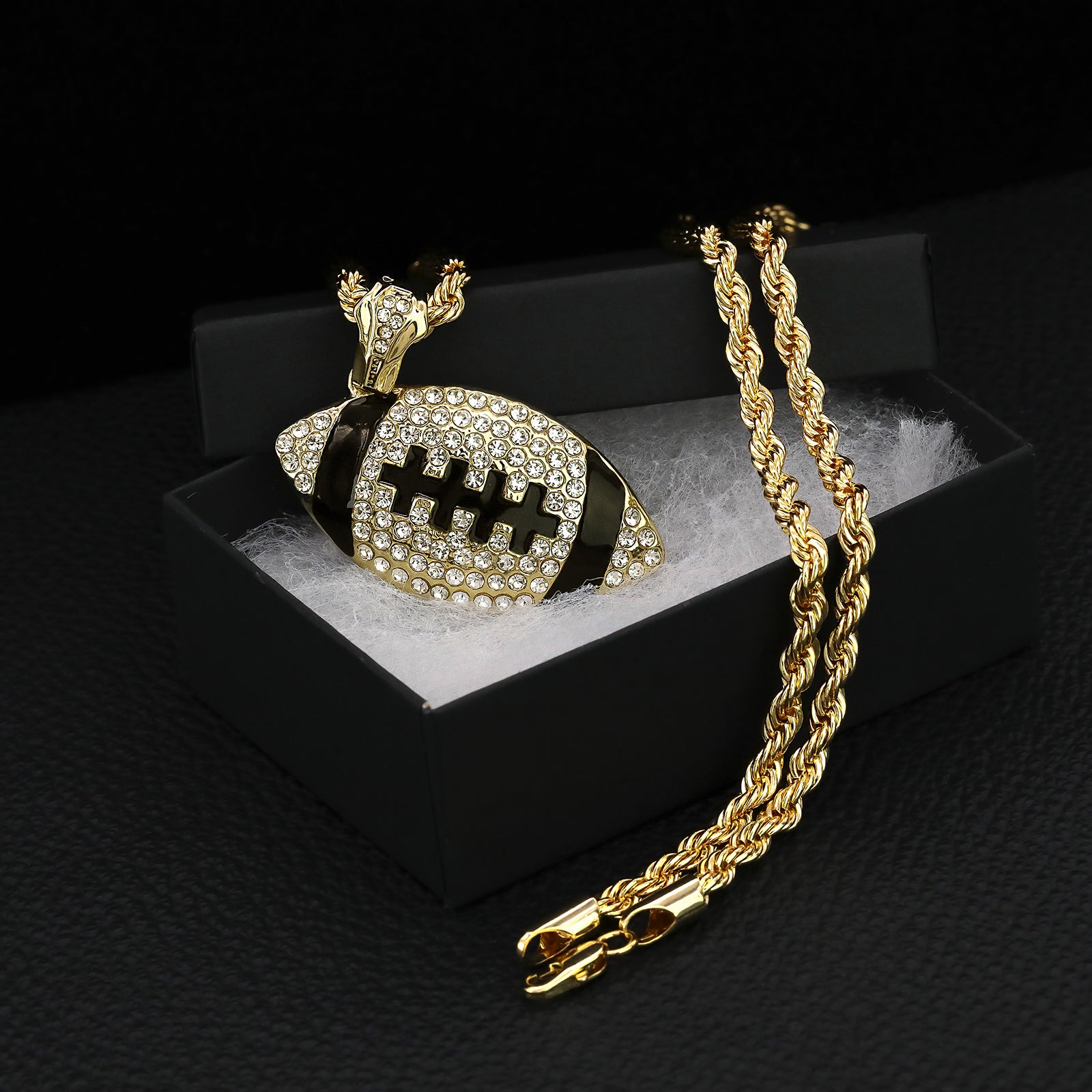 Iced Football Pendant 30" Rope Chain Hip Hop Style 18k Gold Plated