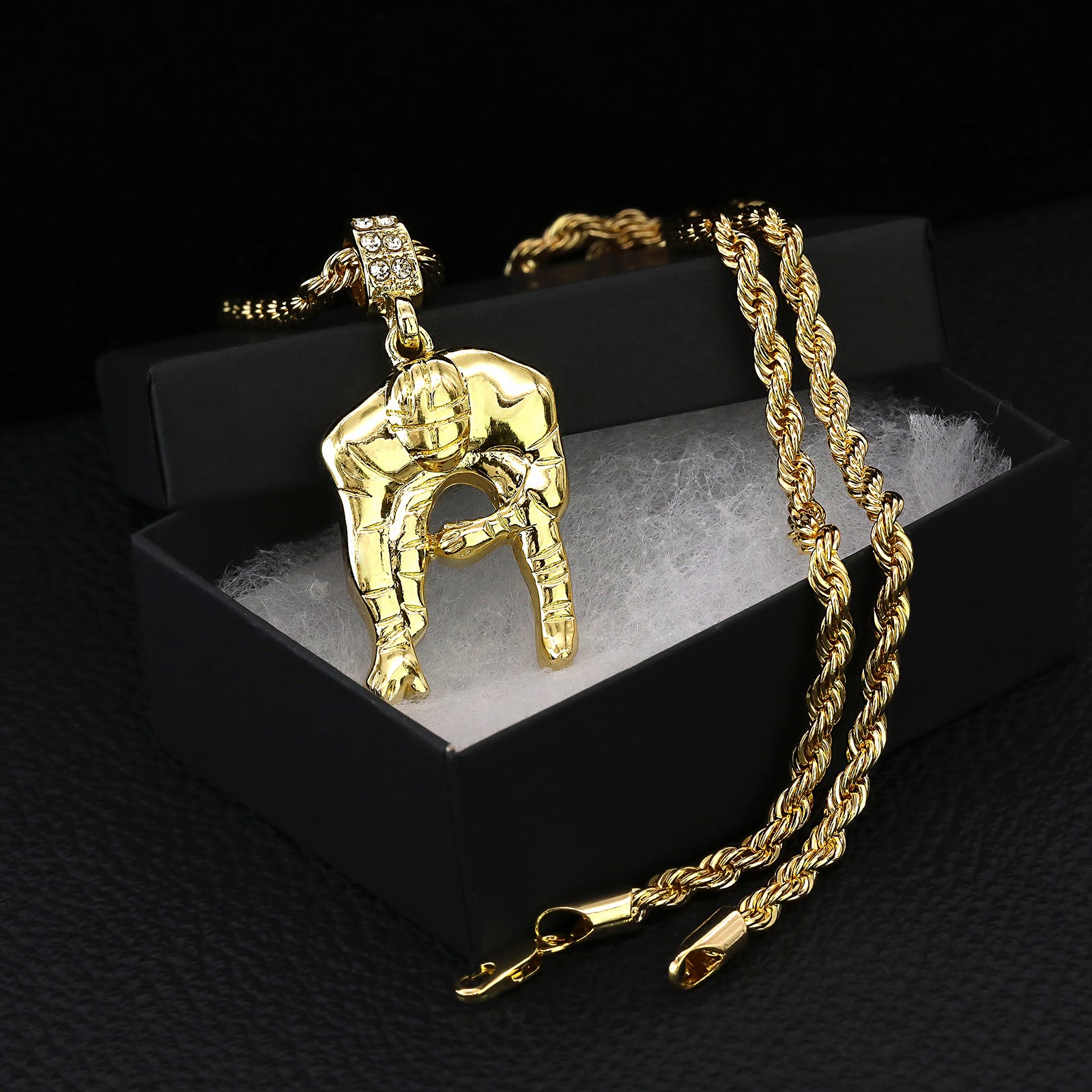 Football Quarterback Pendant 30" Rope Chain Hip Hop Style 18k Gold Plated