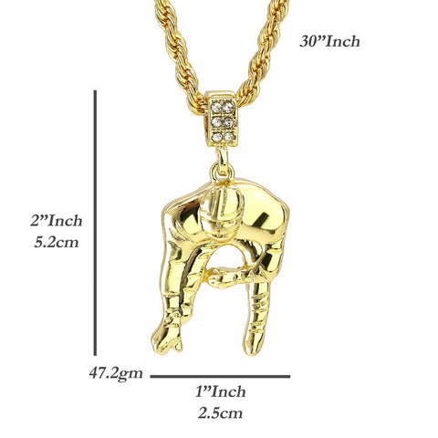 Football Quarterback Pendant 30" Rope Chain Hip Hop Style 18k Gold Plated