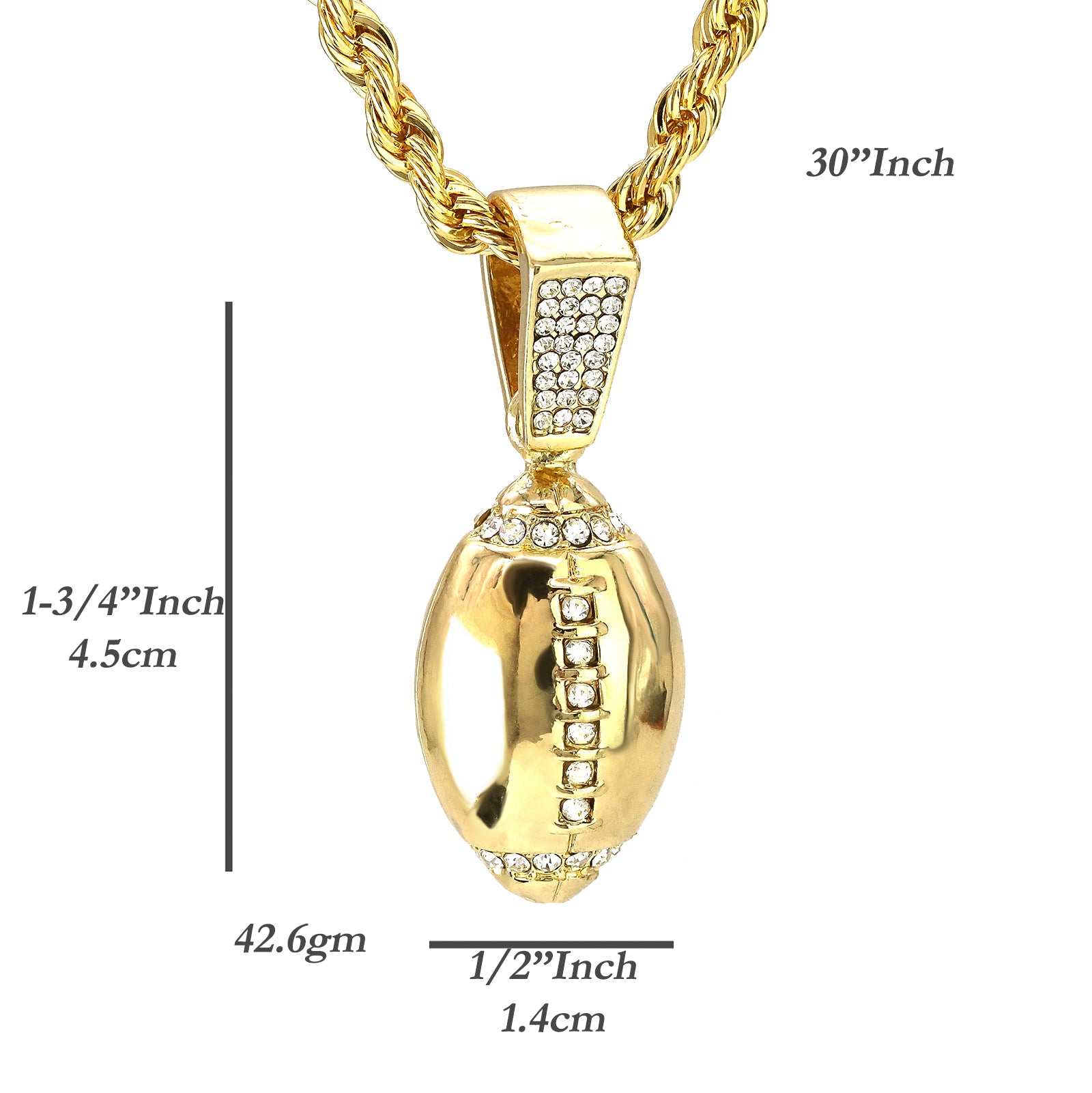 Football Pendant 30" Rope Chain Hip Hop Style 18k Gold Plated