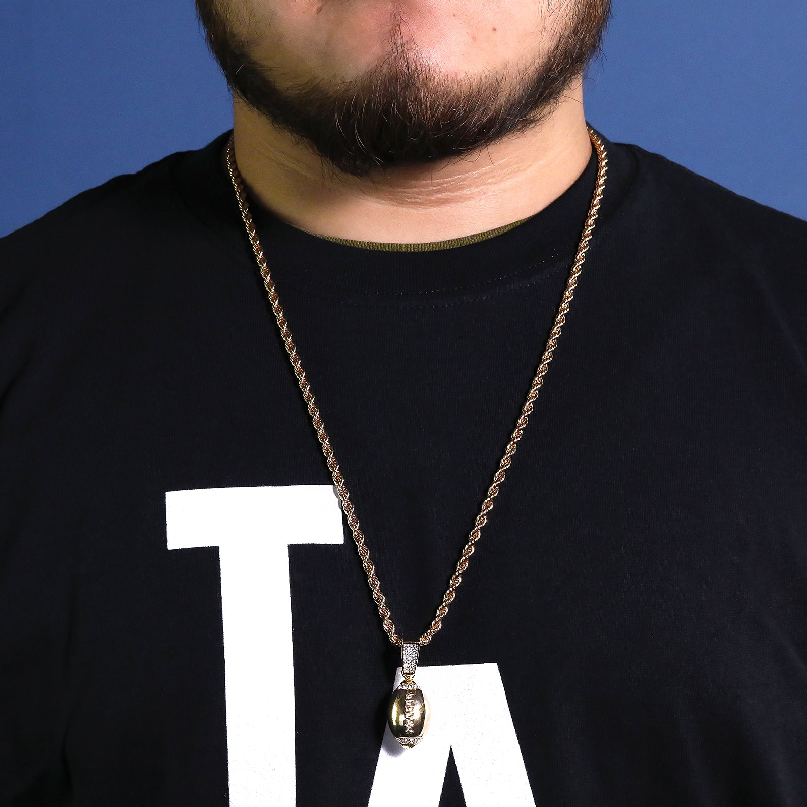 Football Pendant 30" Rope Chain Hip Hop Style 18k Gold Plated