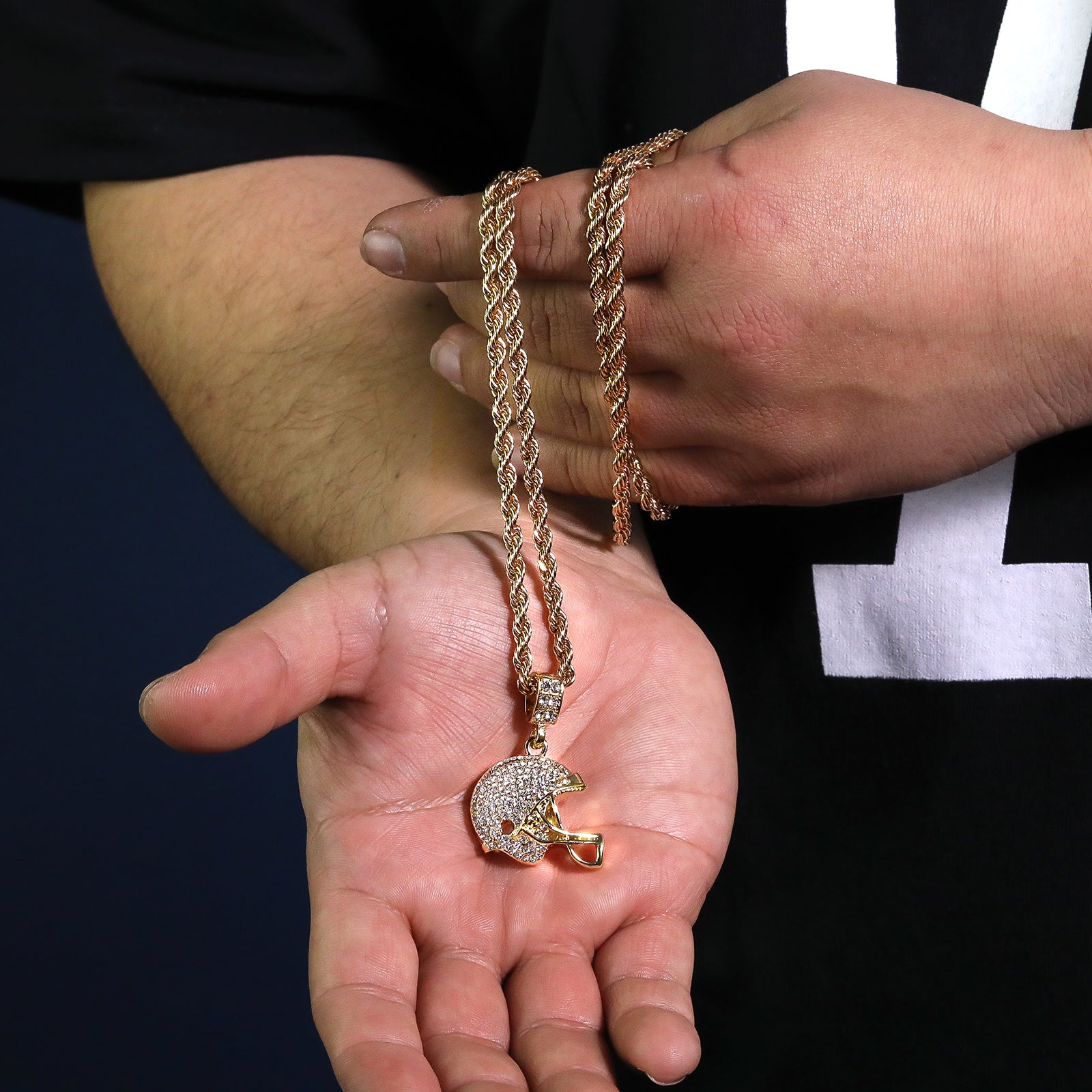 Football Helmet Pendant 30" Rope Chain Hip Hop Style 18k Gold Plated