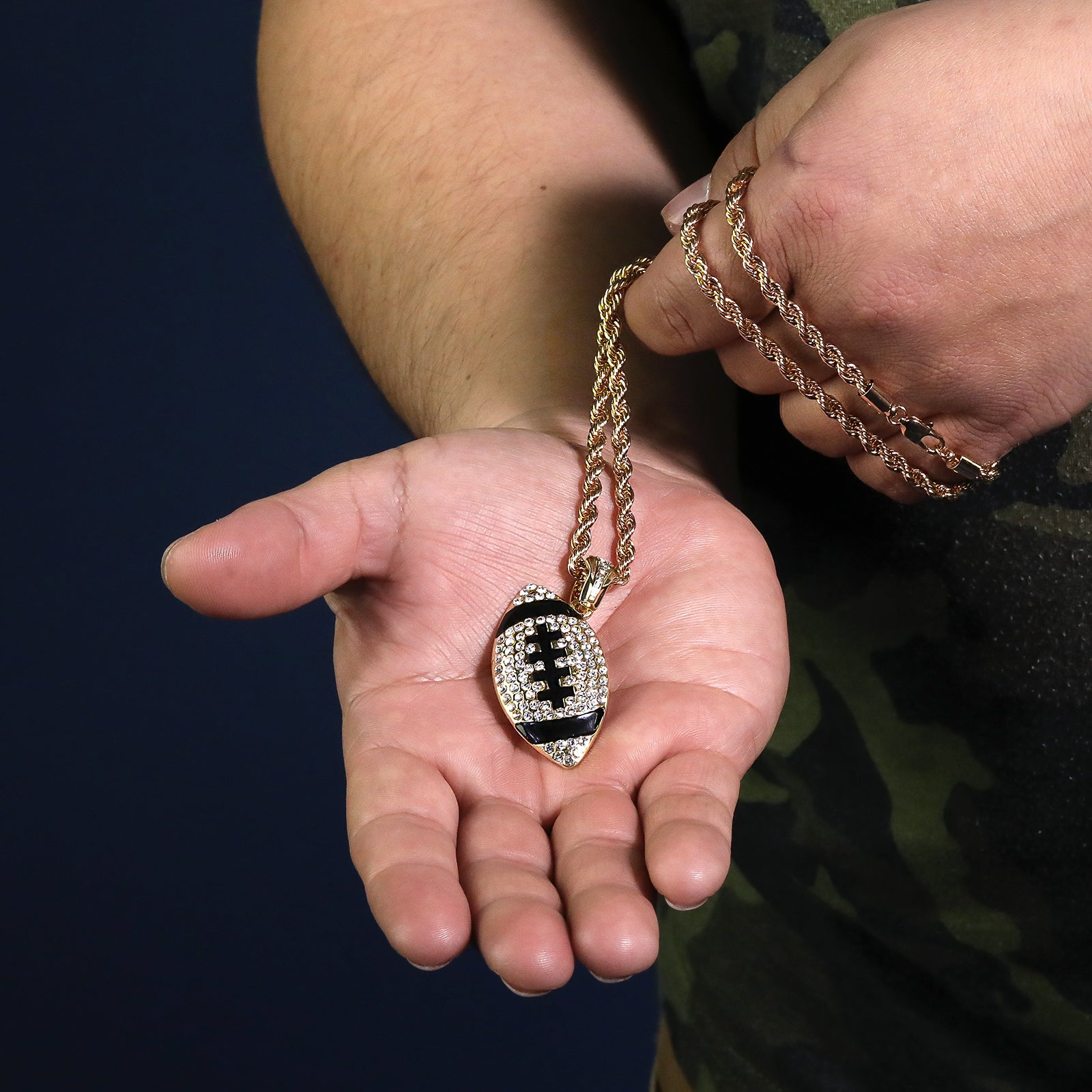 Iced Football Pendant 30" Rope Chain Hip Hop Style 18k Gold Plated
