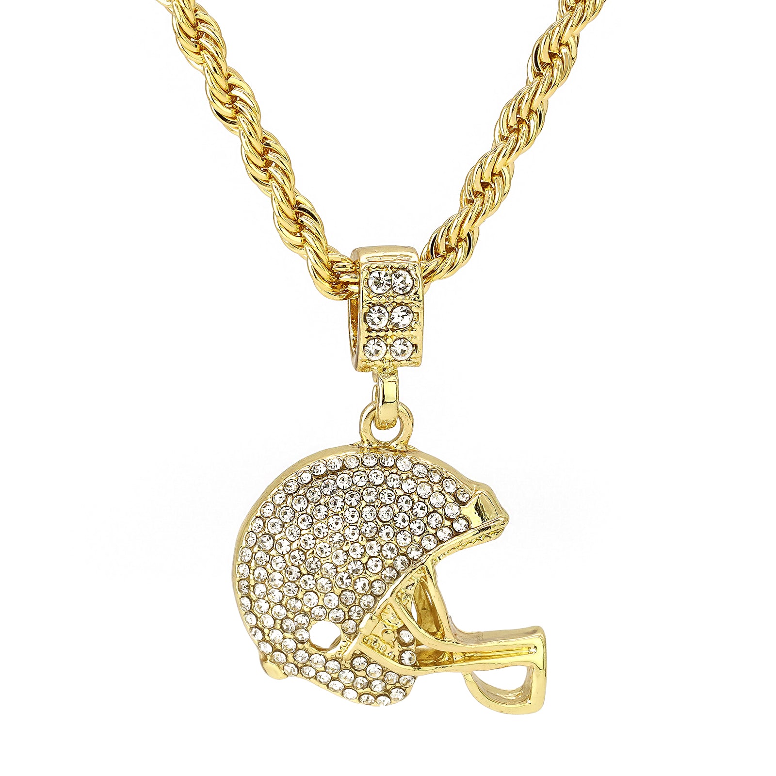Football Helmet Pendant 30" Rope Chain Hip Hop Style 18k Gold Plated