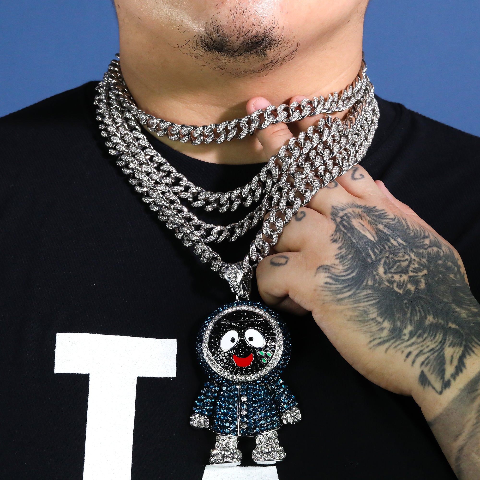 Hip Hop Fully Iced Large Silver Plated Brick Squad Eskimo Pendant & Cuban Chain Necklace – Full Prong CZ