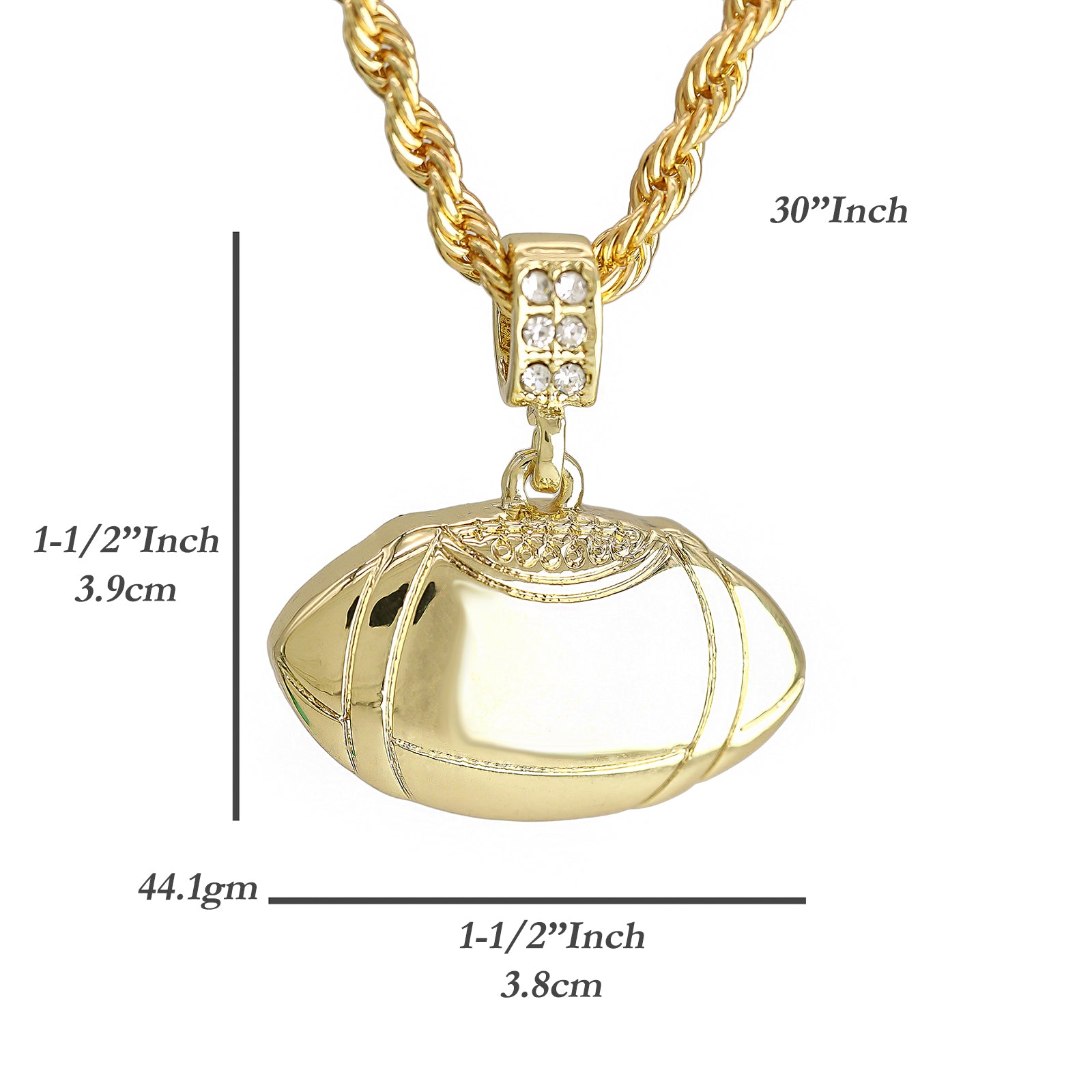 Plain Football Pendant 30" Rope Chain Hip Hop Style 18k Gold Plated