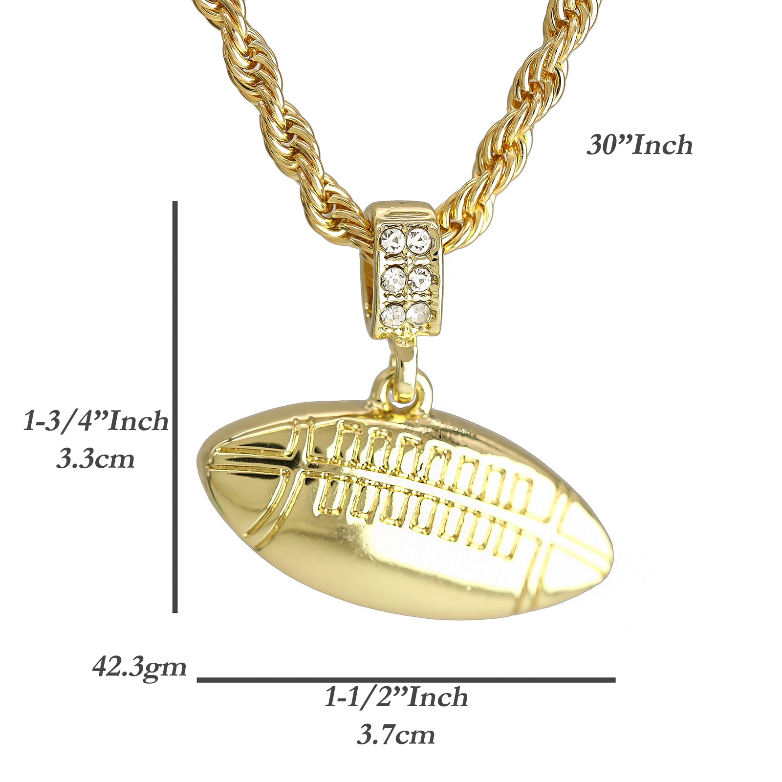 Long Football Pendant 30" Rope Chain Hip Hop Style 18k Gold Plated