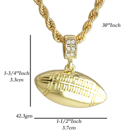 Long Football Pendant 30" Rope Chain Hip Hop Style 18k Gold Plated