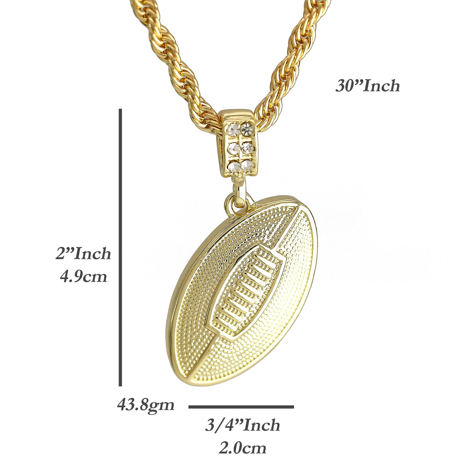 3D Football Pendant 30" Rope Chain Hip Hop Style 18k Gold Plated