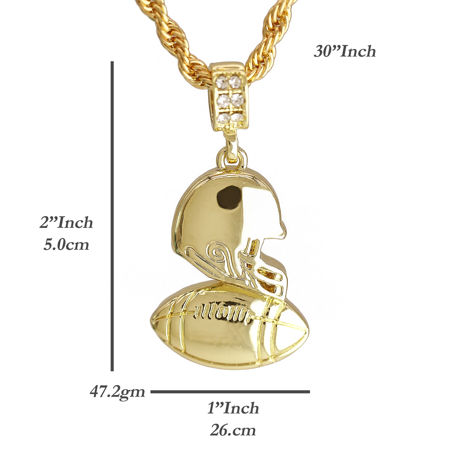 Football-Helmet Pendant 30" Rope Chain Hip Hop Style 18k Gold Plated