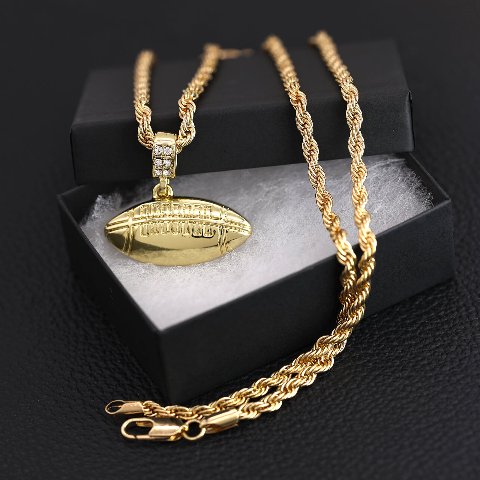 Long Football Pendant 30" Rope Chain Hip Hop Style 18k Gold Plated