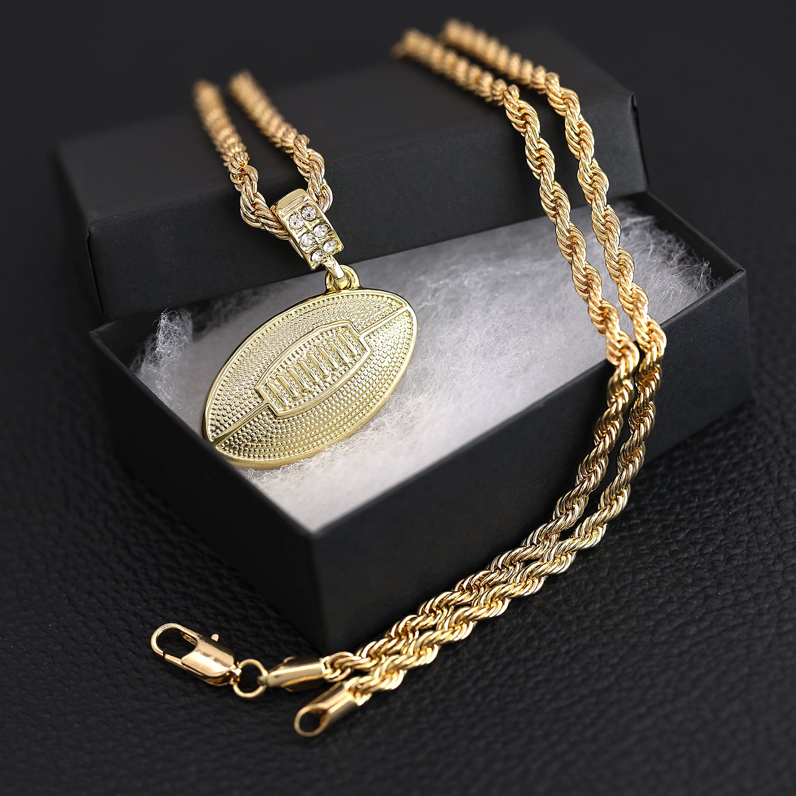 3D Football Pendant 30" Rope Chain Hip Hop Style 18k Gold Plated