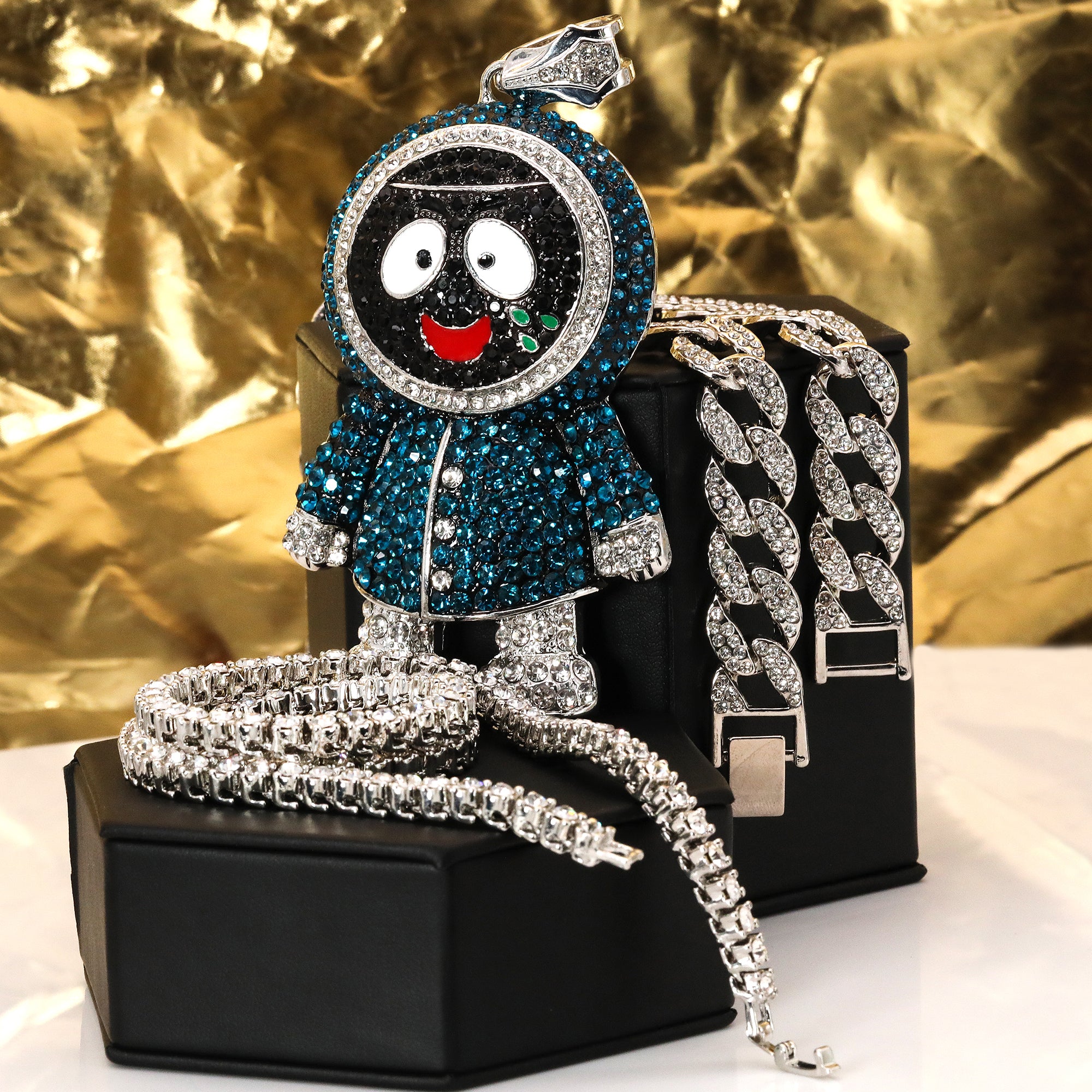 Hip Hop Iced Large BRICK SQUAD ESKIMO Silver Plated 20", 20" Cuban & Tennis Choker Chains