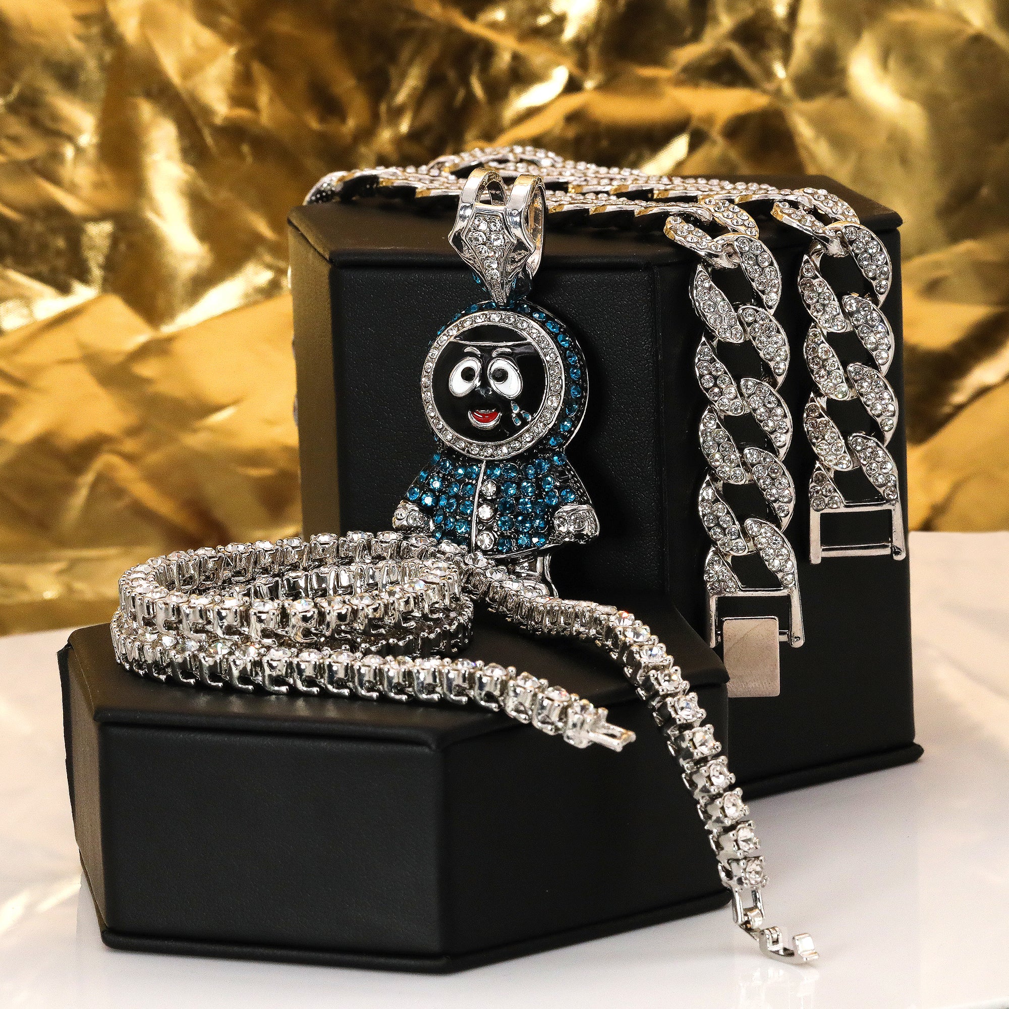 Hip Hop Iced Small BRICK SQUAD ESKIMO Silver Plated 20", 20" Cuban & Tennis Choker Chains