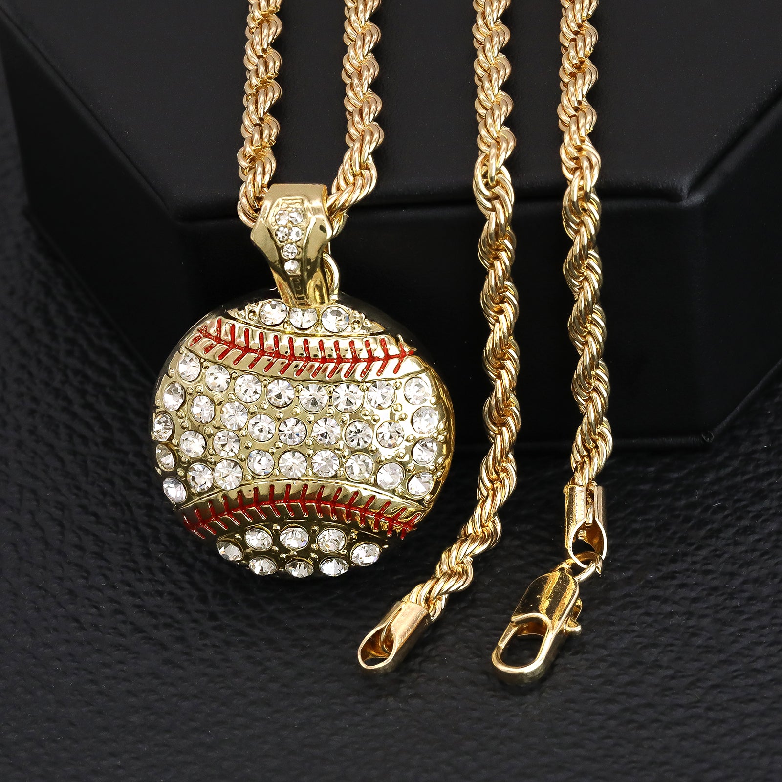 Cz Baseball Pendant 30" Rope Chain Hip Hop Style 18k Gold Plated