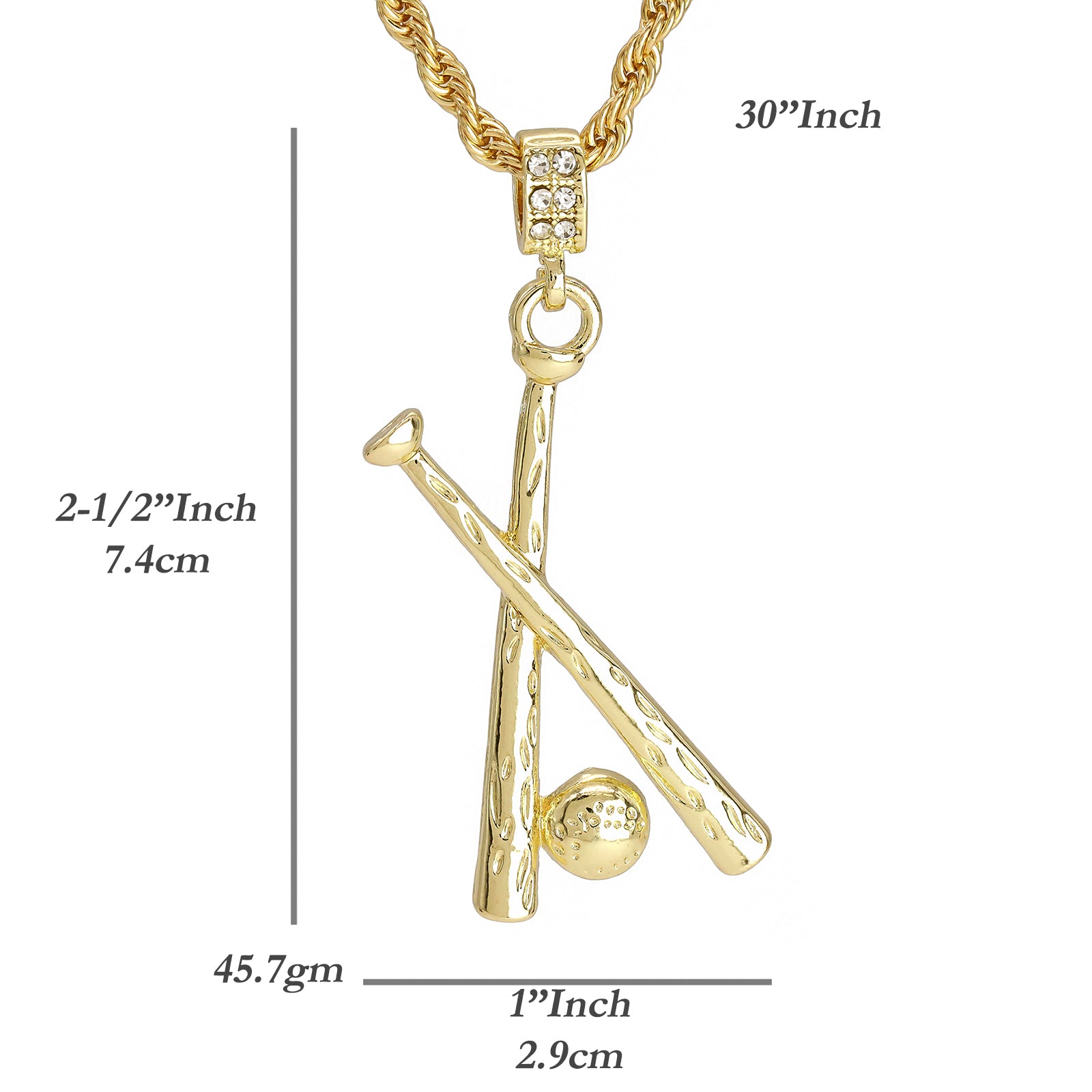 Baseball & Bat Pendant 30" Rope Chain Hip Hop Style 18k Gold Plated