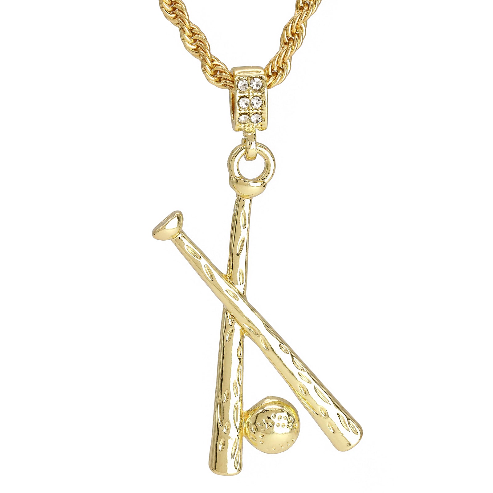 Baseball & Bat Pendant 30" Rope Chain Hip Hop Style 18k Gold Plated