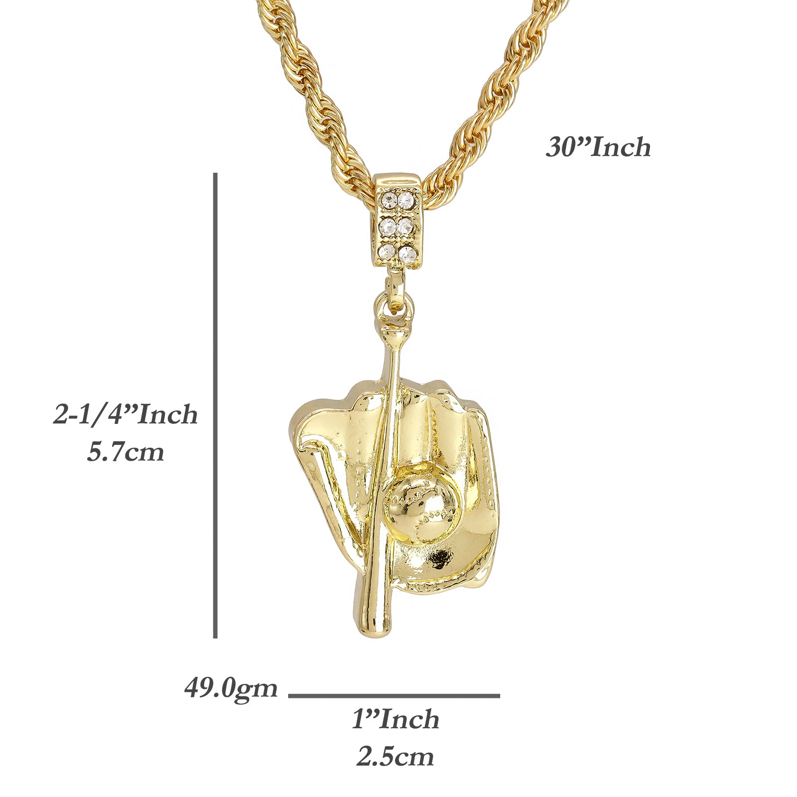 Baseball Glove Mitt Bat Pendant 30" Rope Chain Hip Hop Style 18k Gold Plated