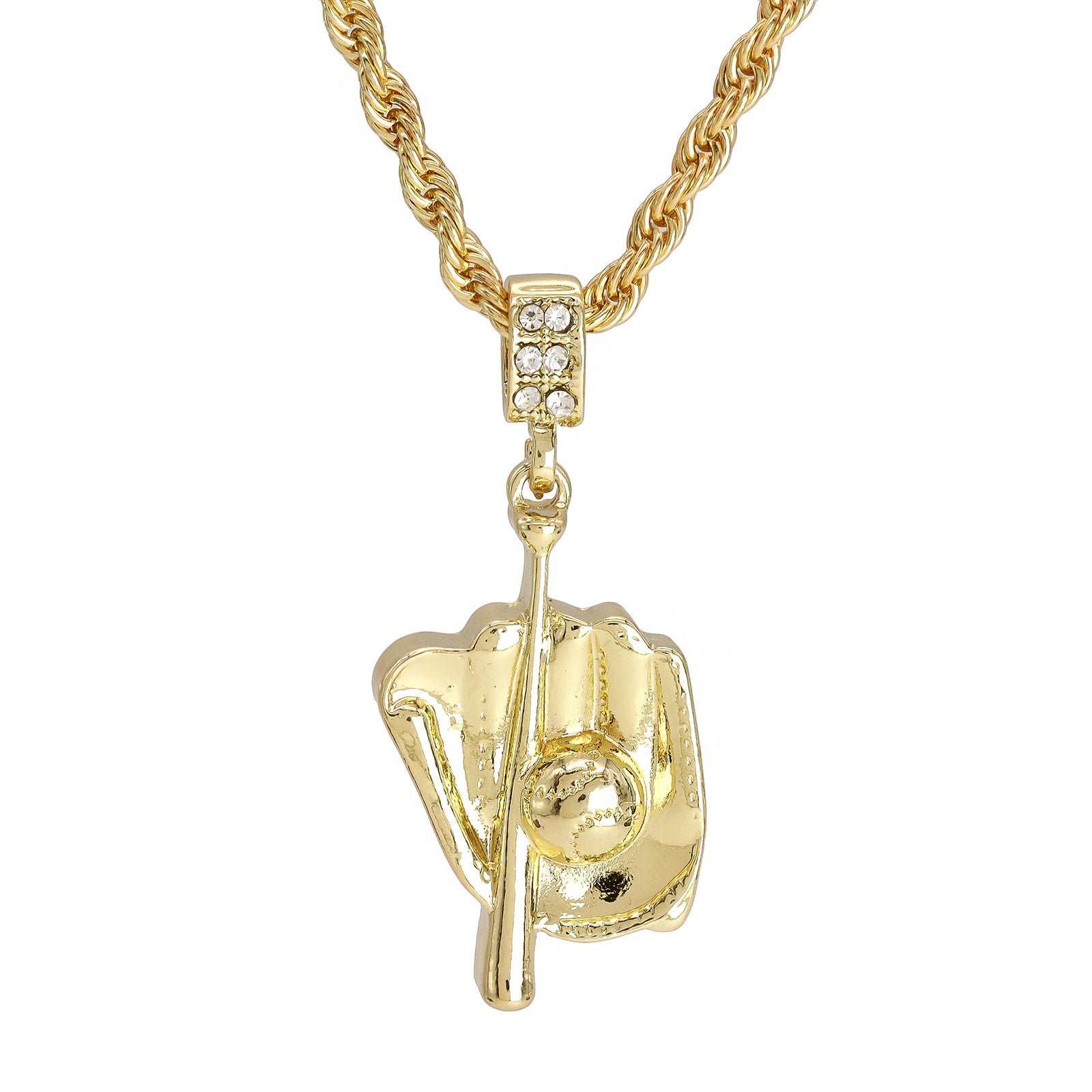Baseball Glove Mitt Bat Pendant 30" Rope Chain Hip Hop Style 18k Gold Plated