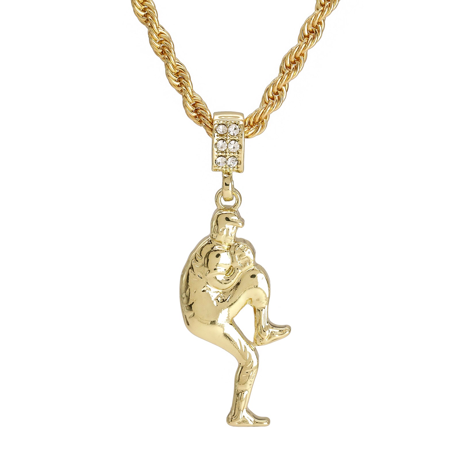 Baseball Picher Pendant 30" Rope Chain Hip Hop Style 18k Gold Plated