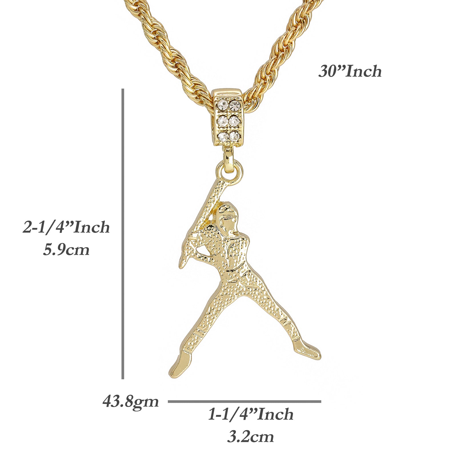 Baseball Player Pendant 30" Rope Chain Hip Hop Style 18k Gold Plated